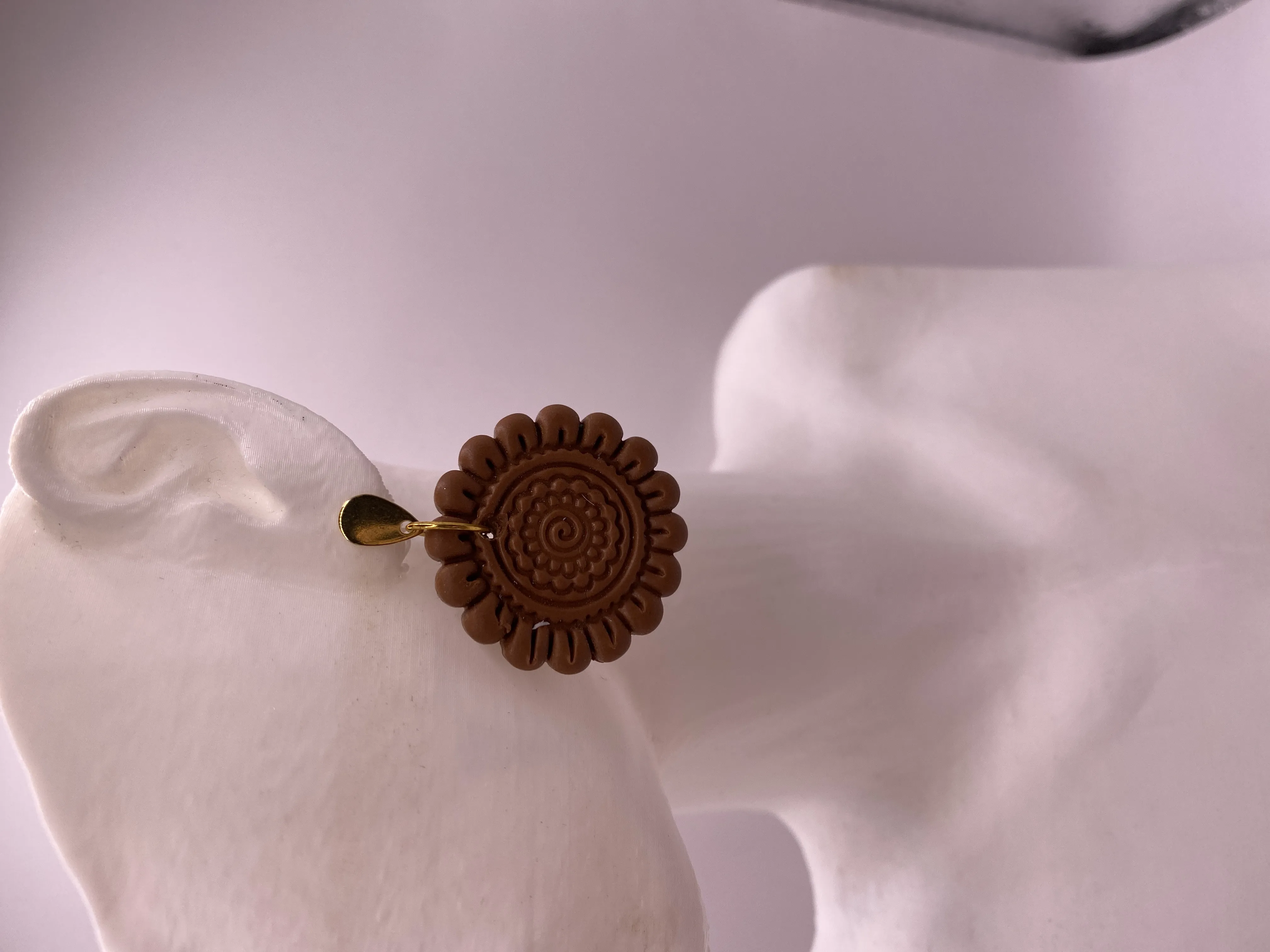 Handmade Brown Flower Patterned Polymer Clay Earring - Gold Colored Detailed