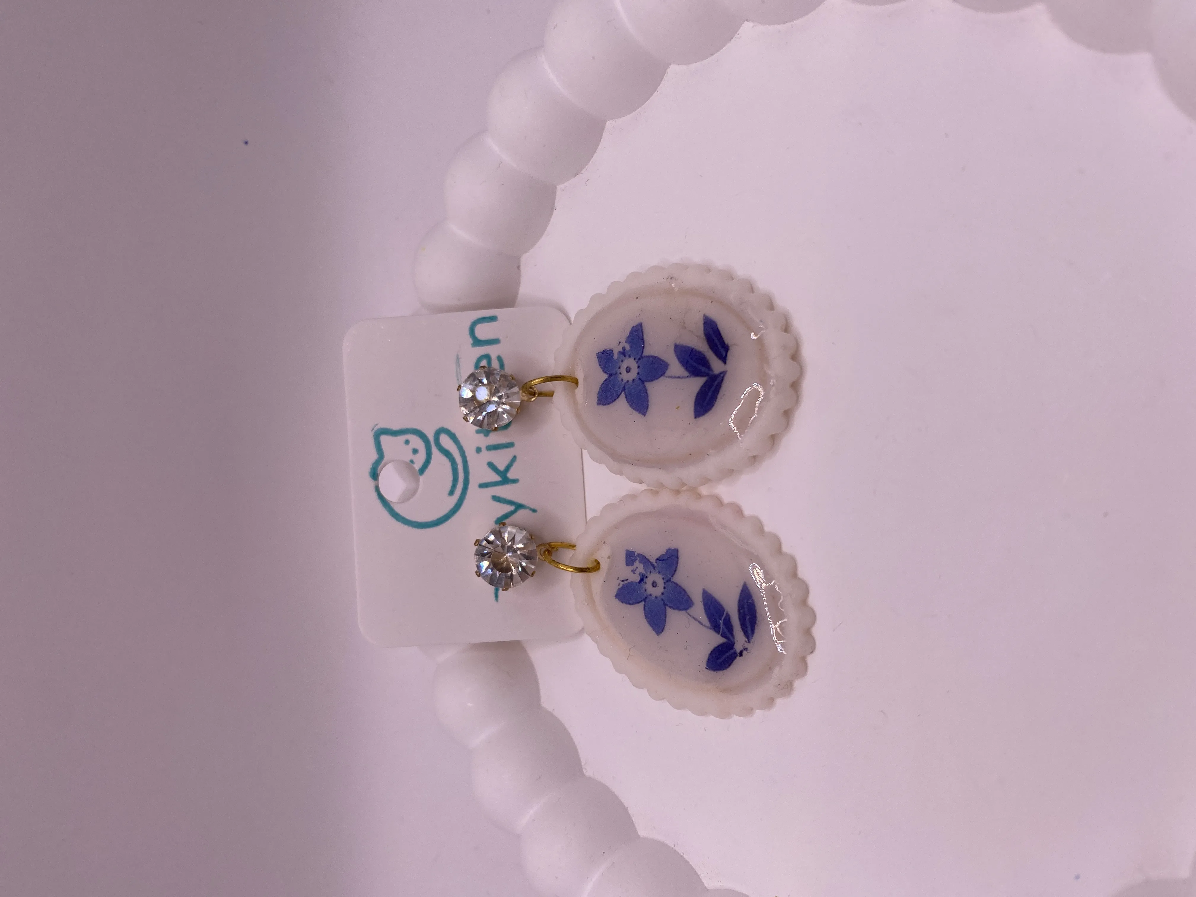 Handmade Blue Floral Patterned Oval Earrings - Stylish and Elegant Accessory
