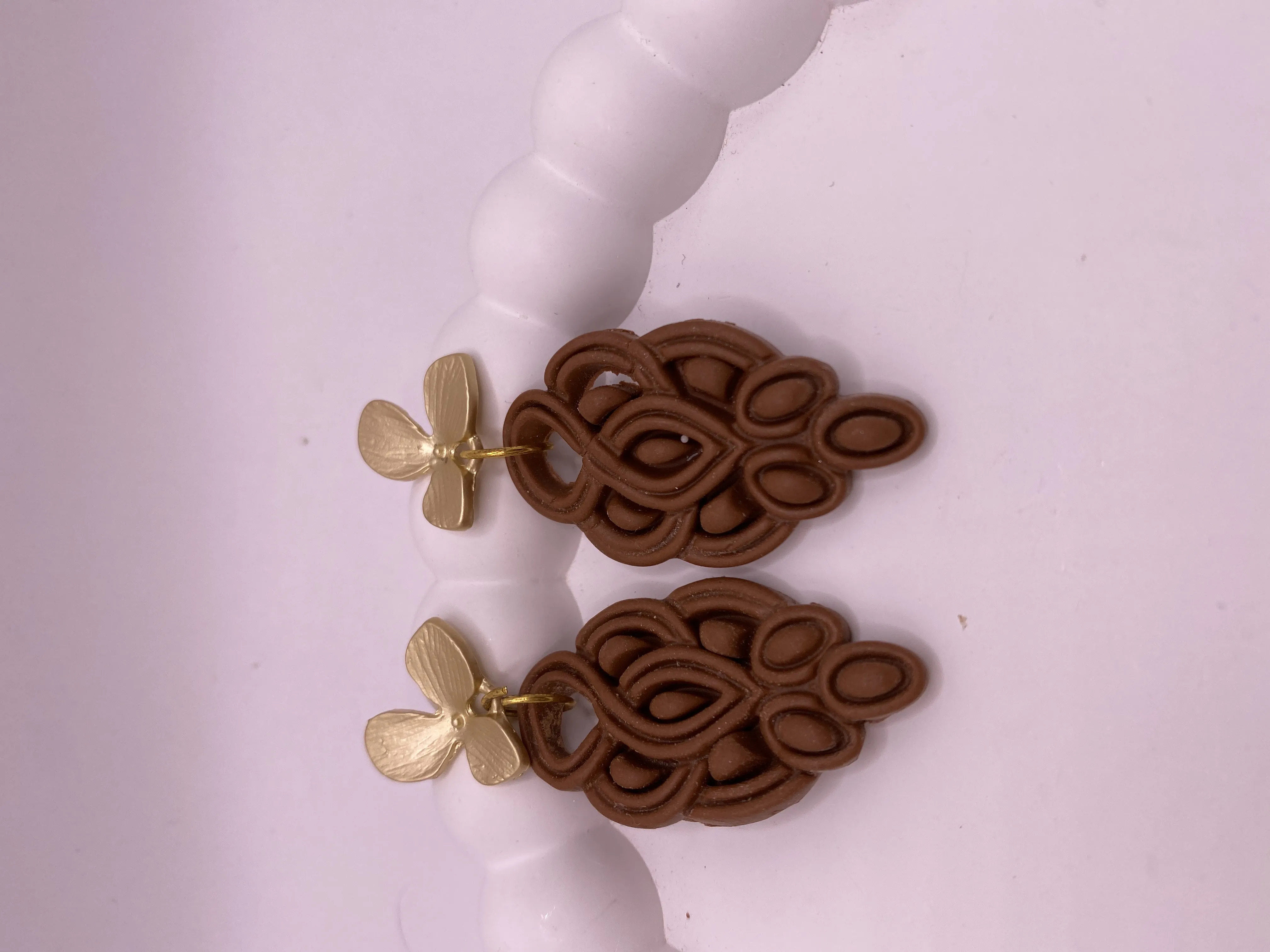 Brown Handmade Design Earring - Legend Model with Gold Colored Flower Detail