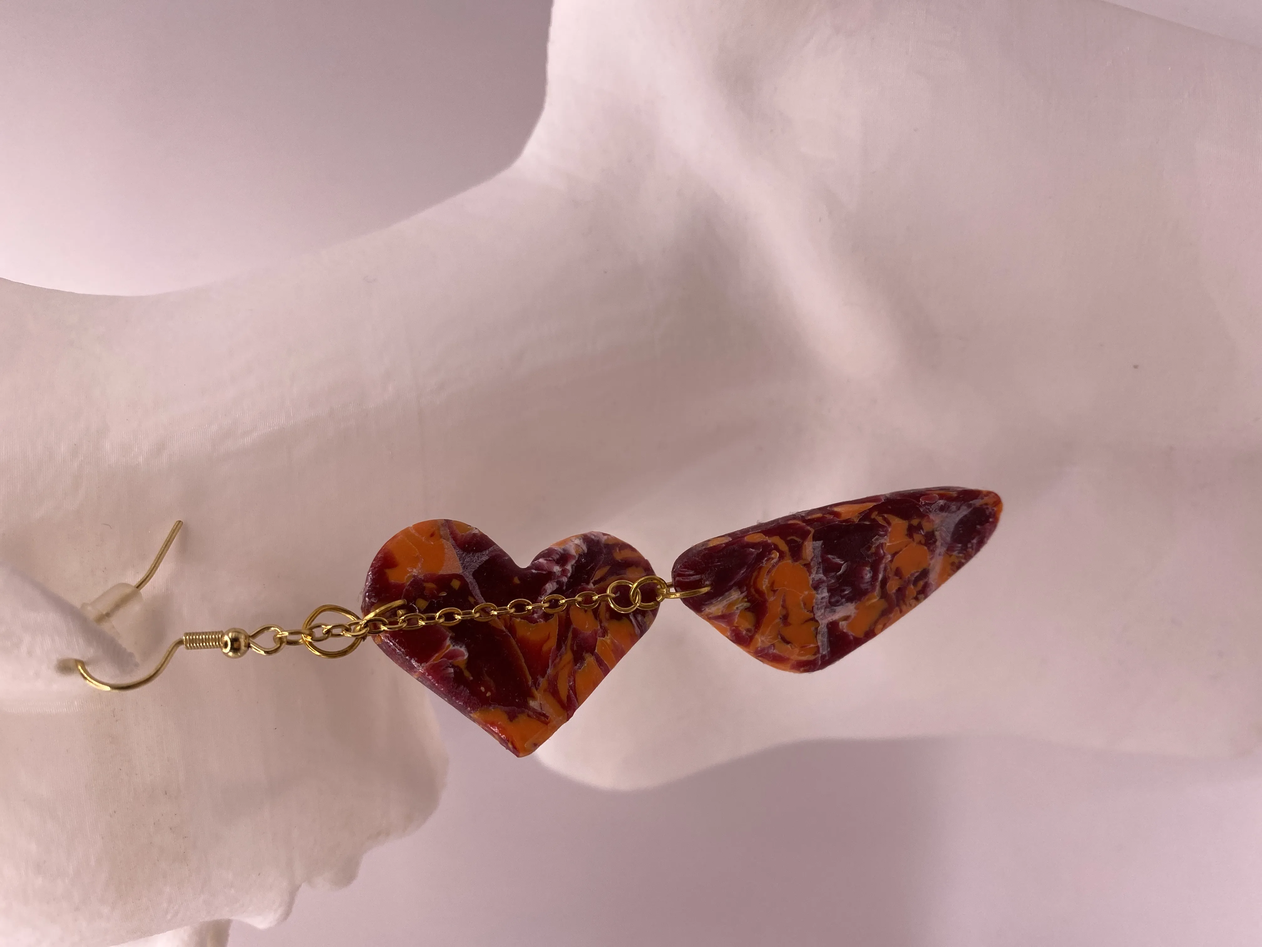 Burgundy and Orange Marble Patterned Heart and Leaf Earrings - Gold Detailed