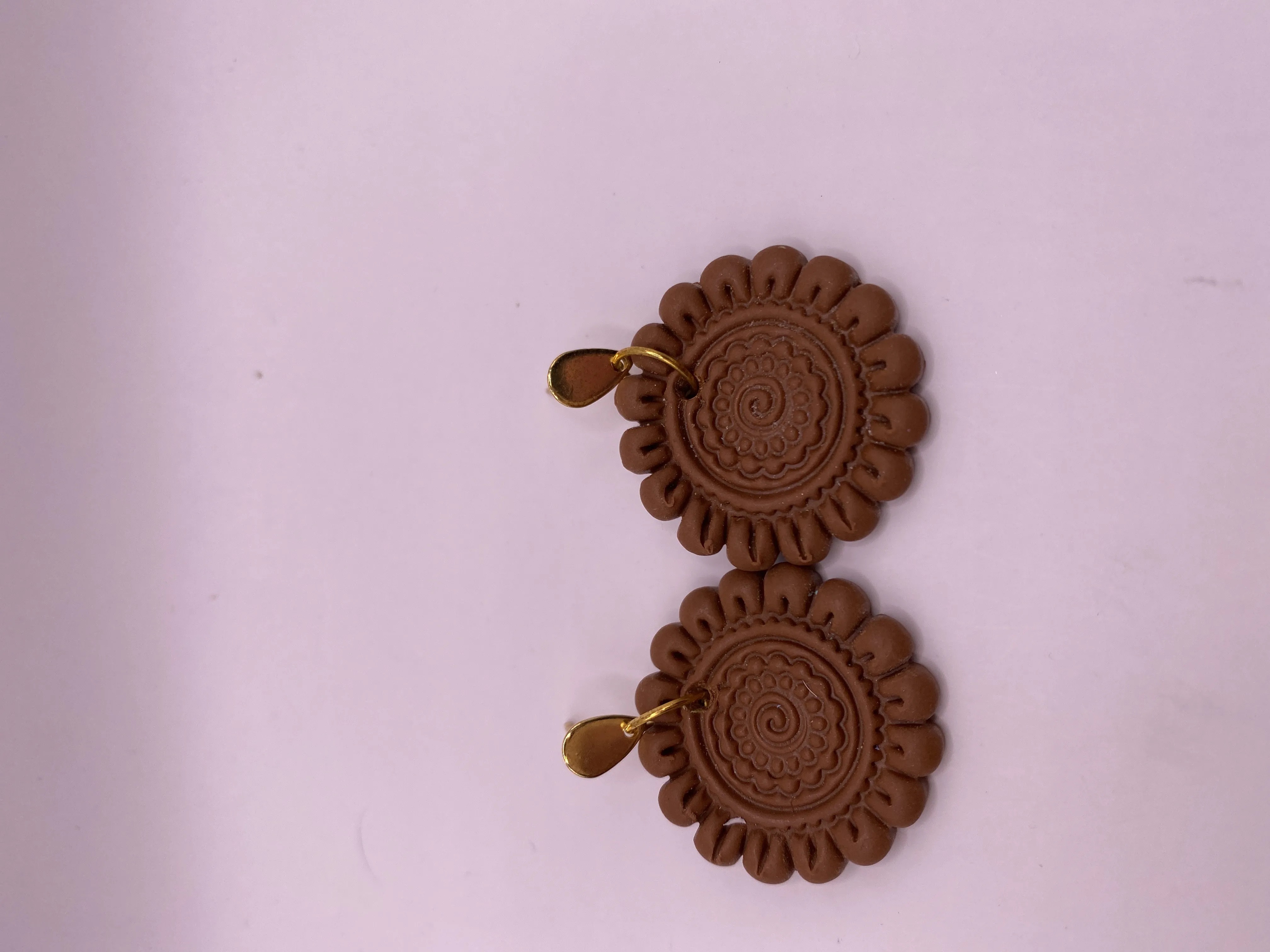 Handmade Brown Flower Patterned Polymer Clay Earring - Gold Colored Detailed