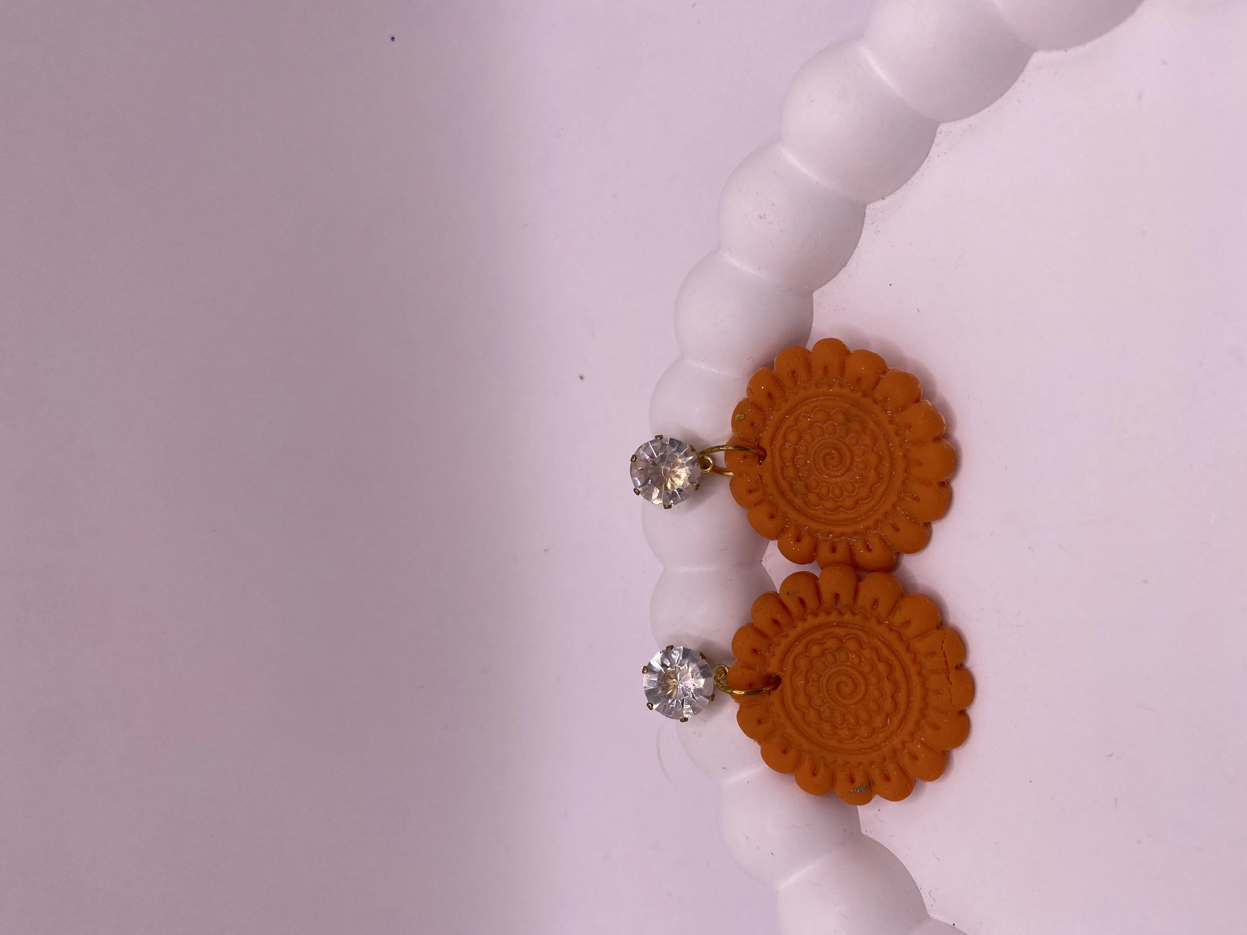 Orange Polymer Clay Flower Patterned Crystal Stone Earrings - Handmade Stylish Design