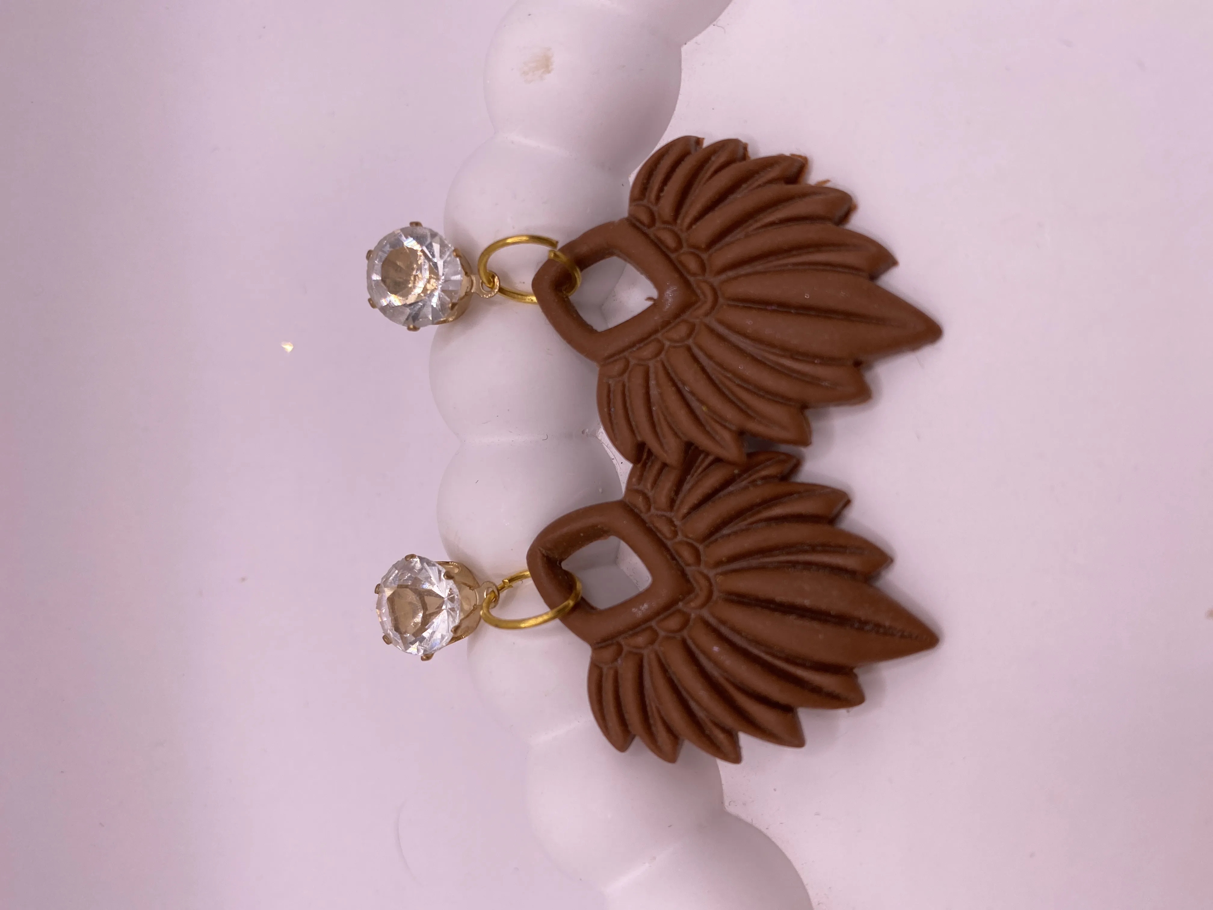 Brown Handmade Design Earring and Zircon Stone Gold Detailed Earring