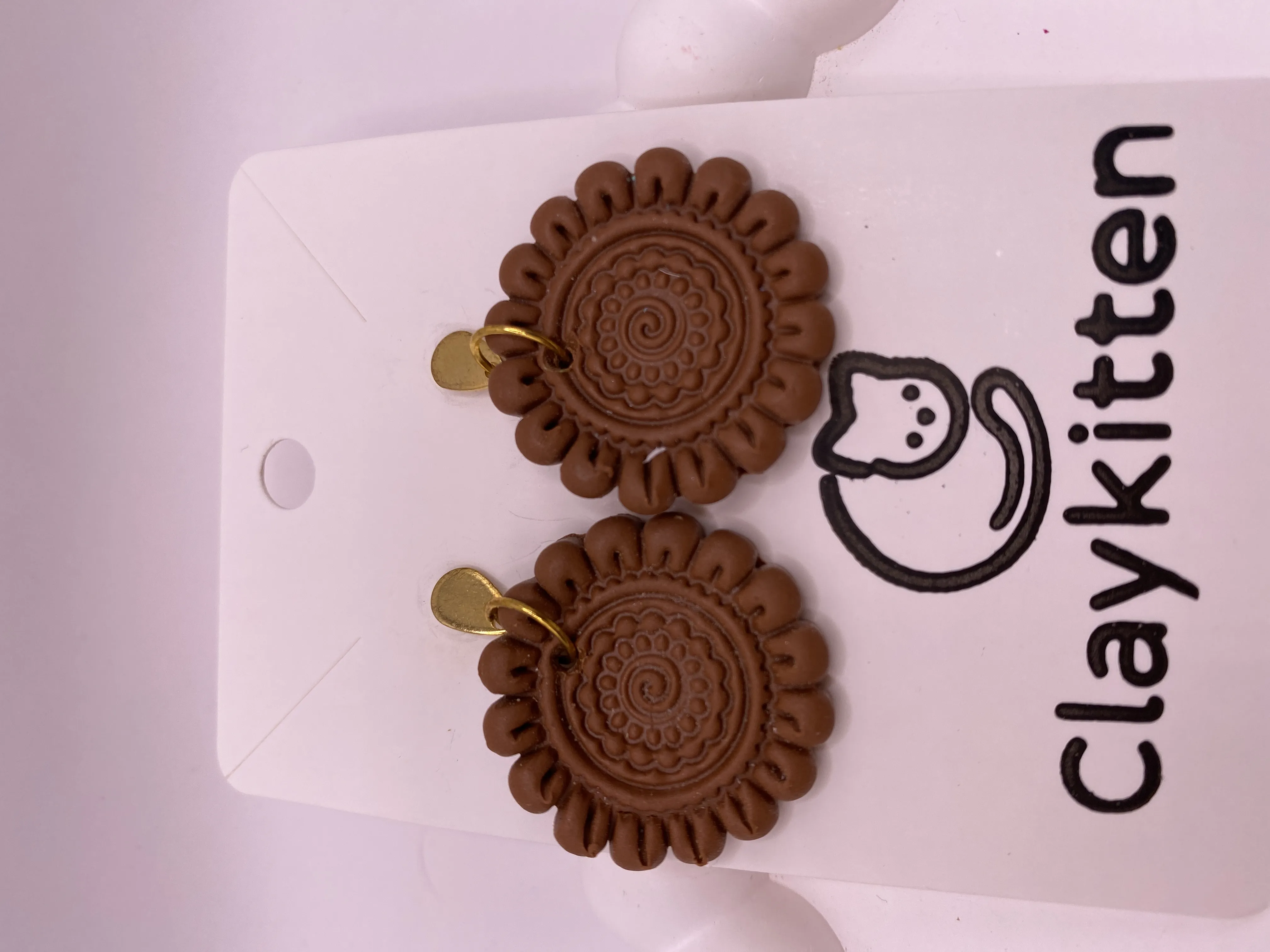 Handmade Brown Flower Patterned Polymer Clay Earring - Gold Colored Detailed