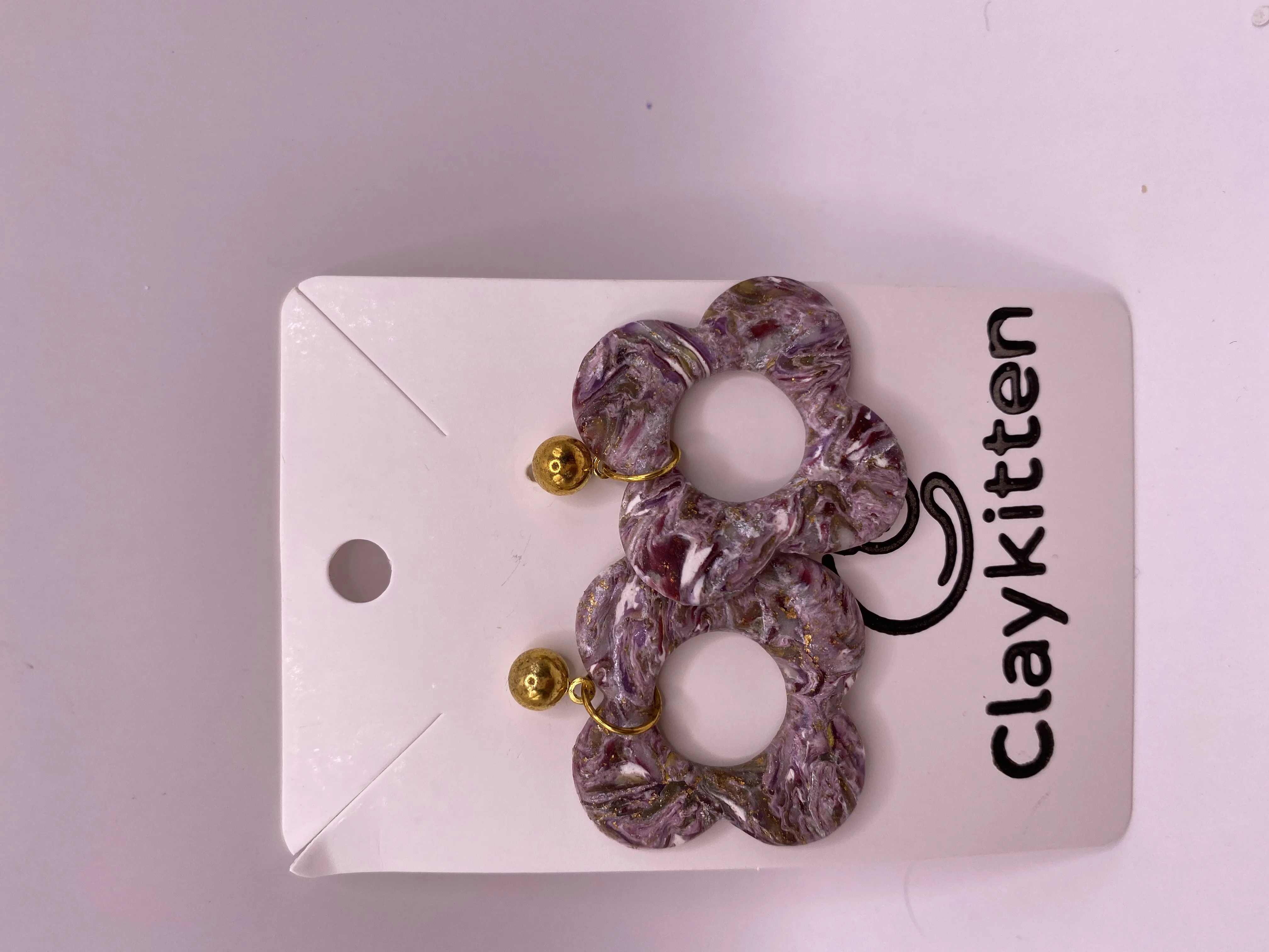 Purple Toned Floral Designed Gold Detailed Earring - Handmade Custom Design