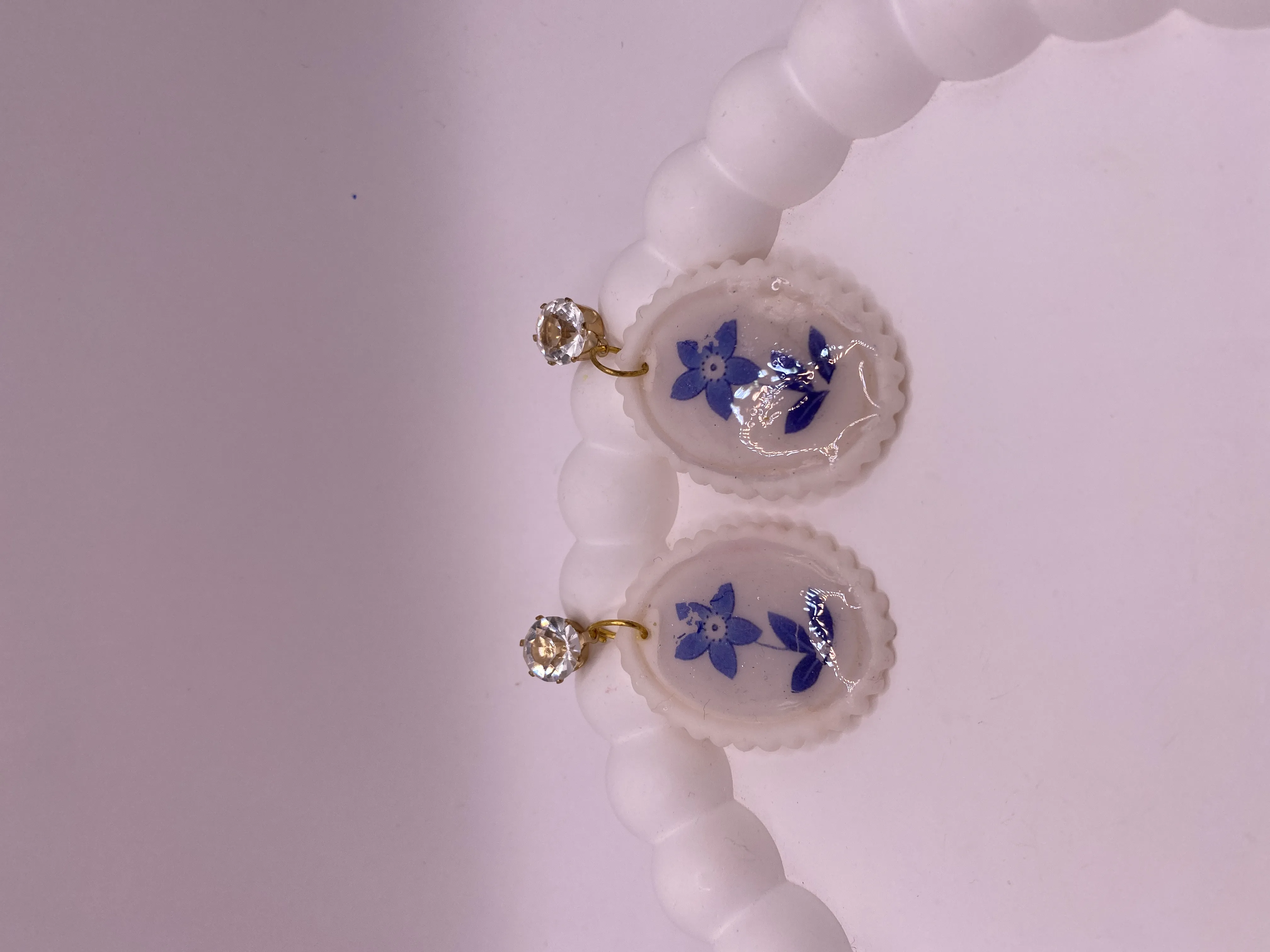 Handmade Blue Floral Patterned Oval Earrings - Stylish and Elegant Accessory