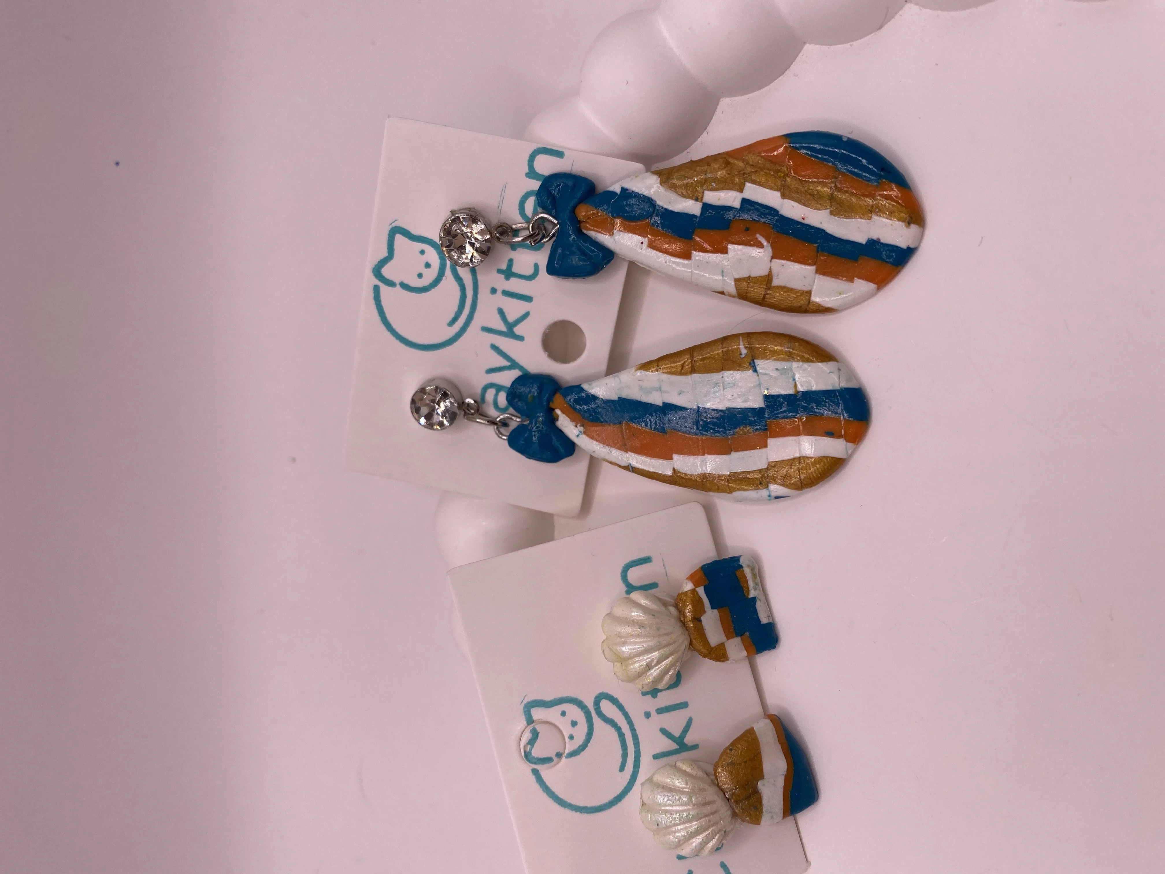 Handmade Authentic Patterned Earring - Blue, Orange, and White Colored Wooden Earring