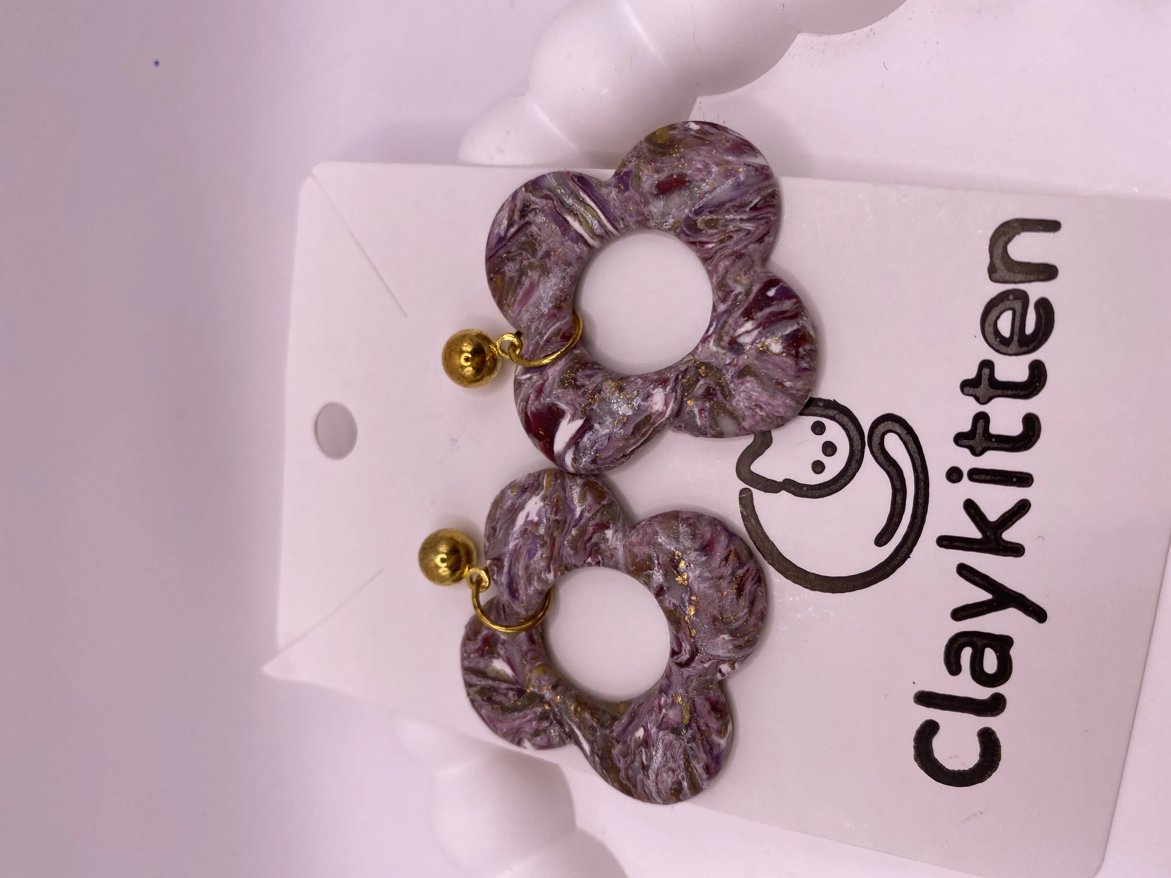 Purple Toned Floral Designed Gold Detailed Earring - Handmade Custom Design