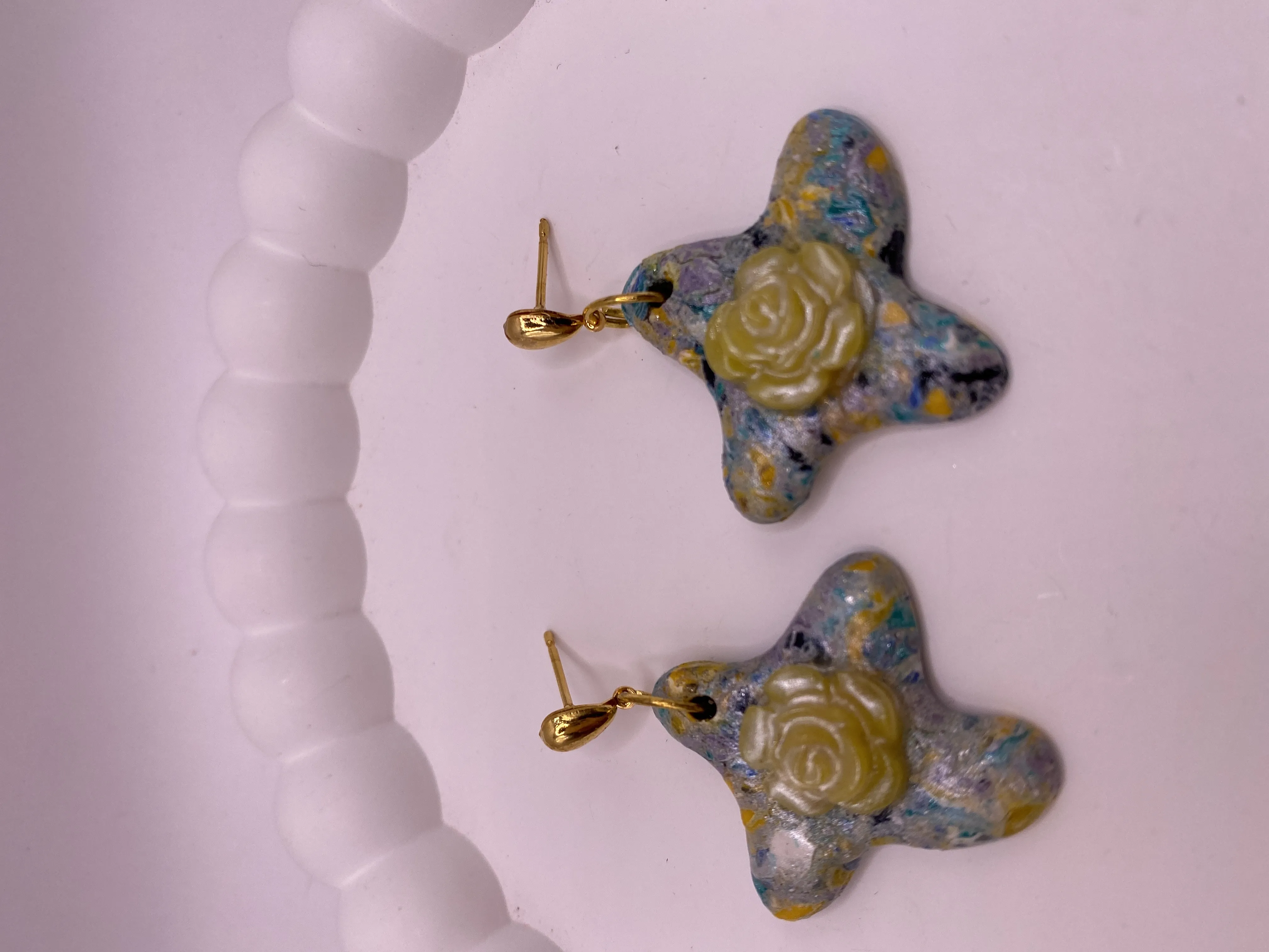 Handmade Star Design Güllüm Earrings - Colorful Polymer Clay and Gold Detailed