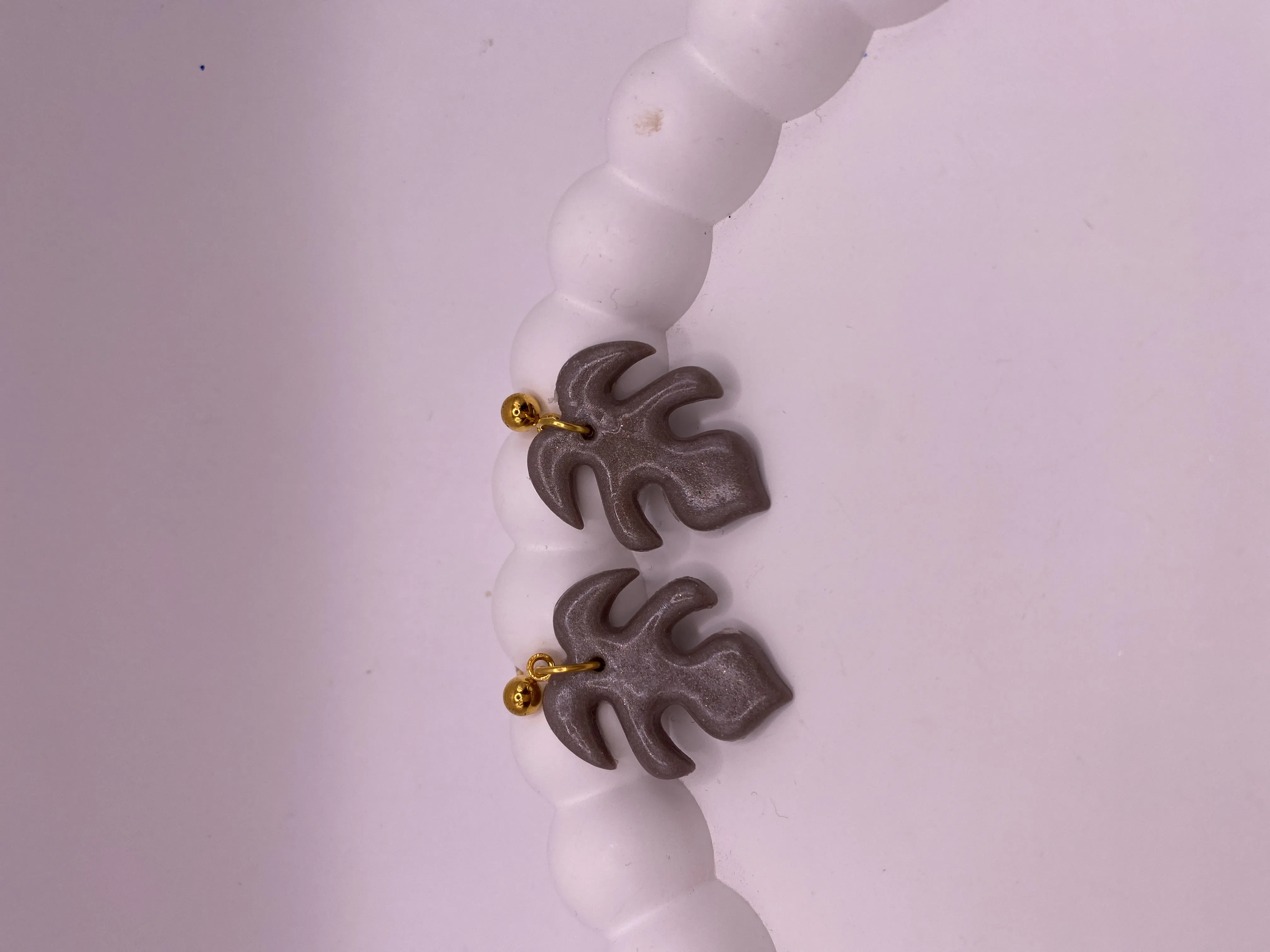 Handmade Clay Monstera Leaf Earrings - Gray Color Gold Detailed Elegant Design