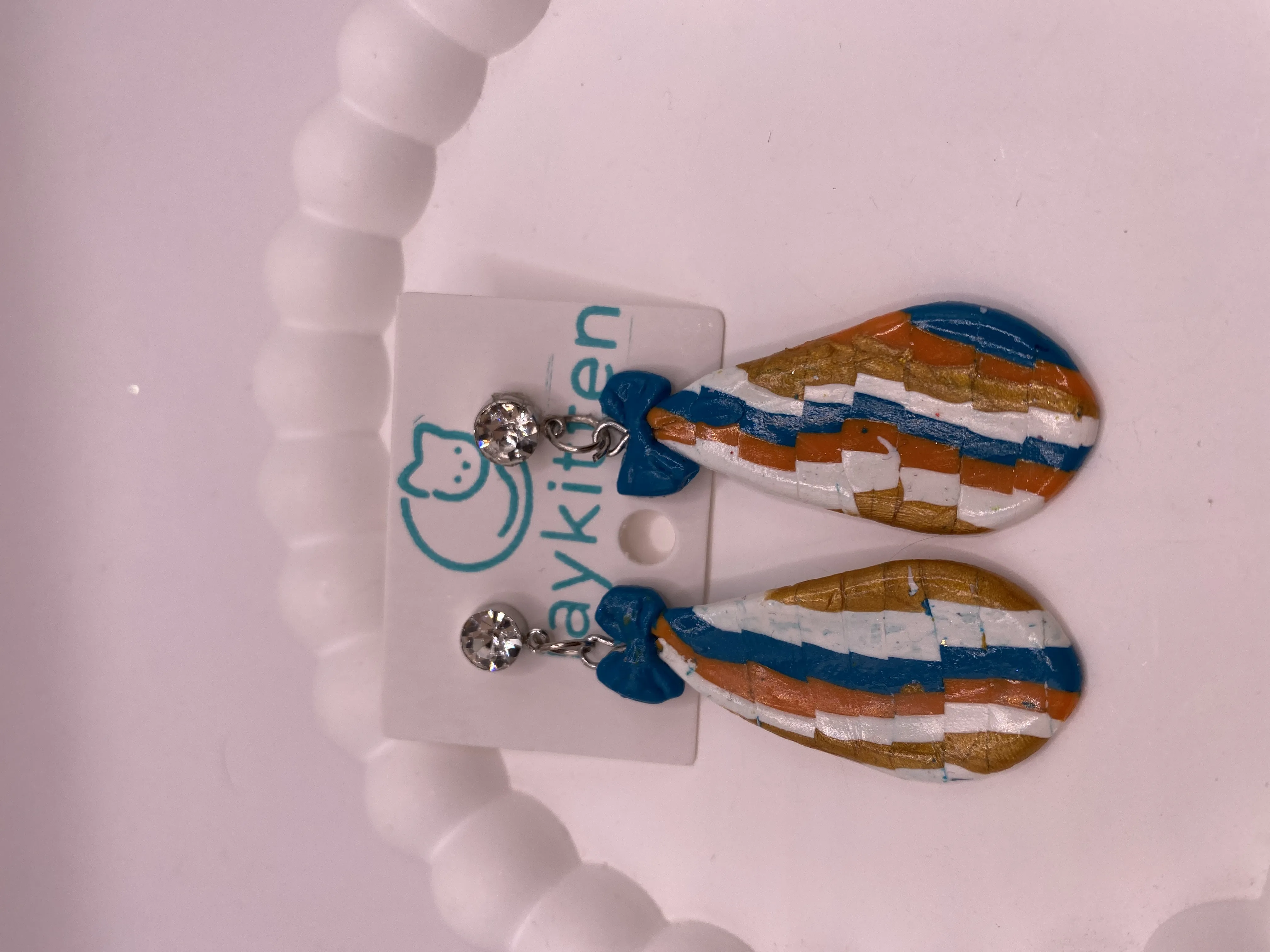 Handmade Authentic Patterned Earring - Blue, Orange, and White Colored Wooden Earring