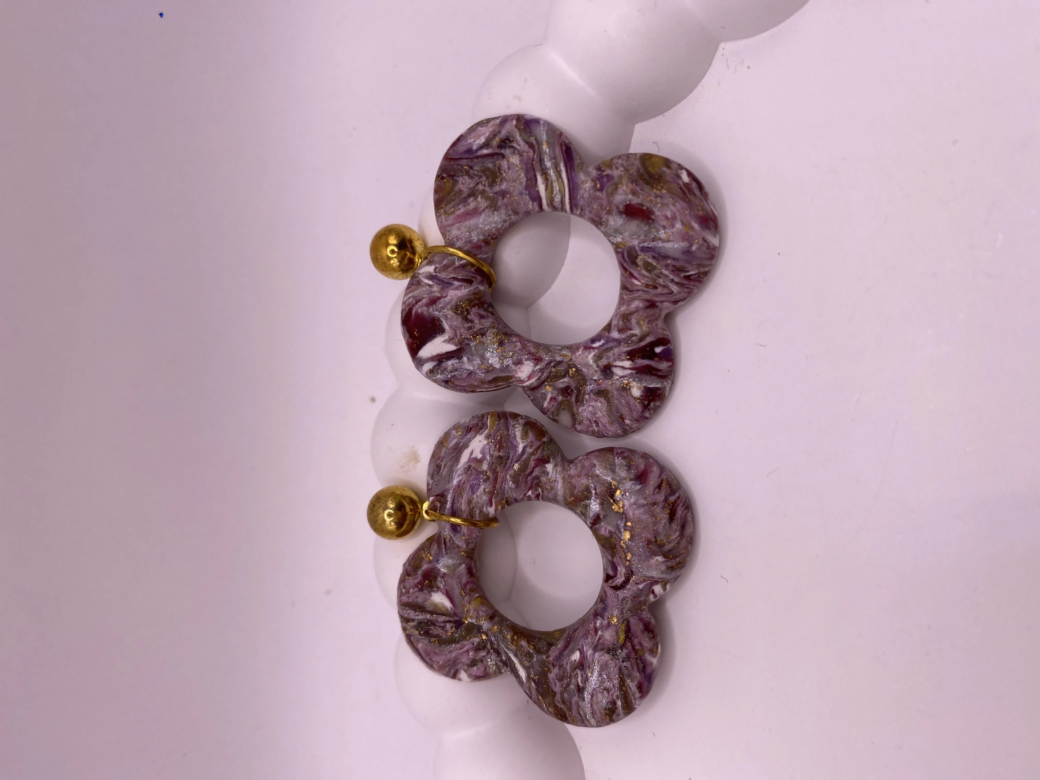 Purple Toned Floral Designed Gold Detailed Earring - Handmade Custom Design