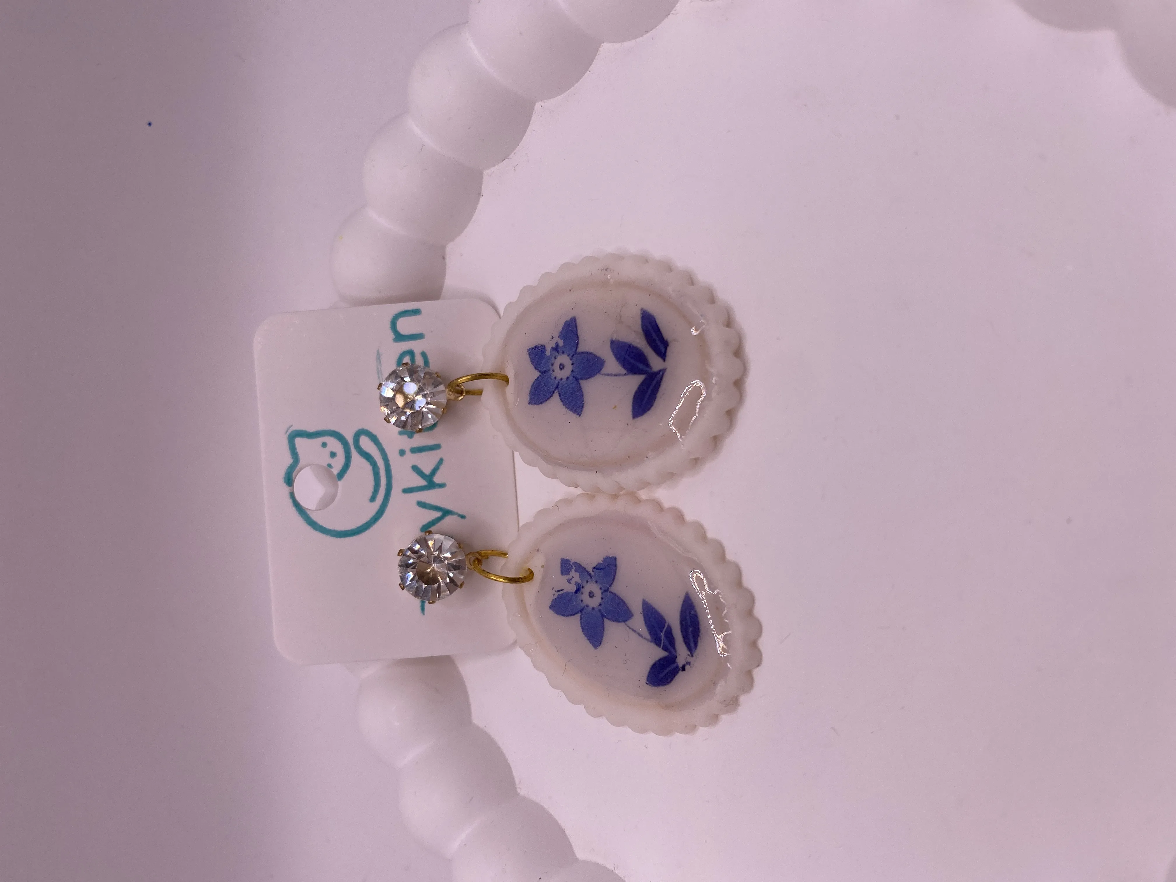 Handmade Blue Floral Patterned Oval Earrings - Stylish and Elegant Accessory