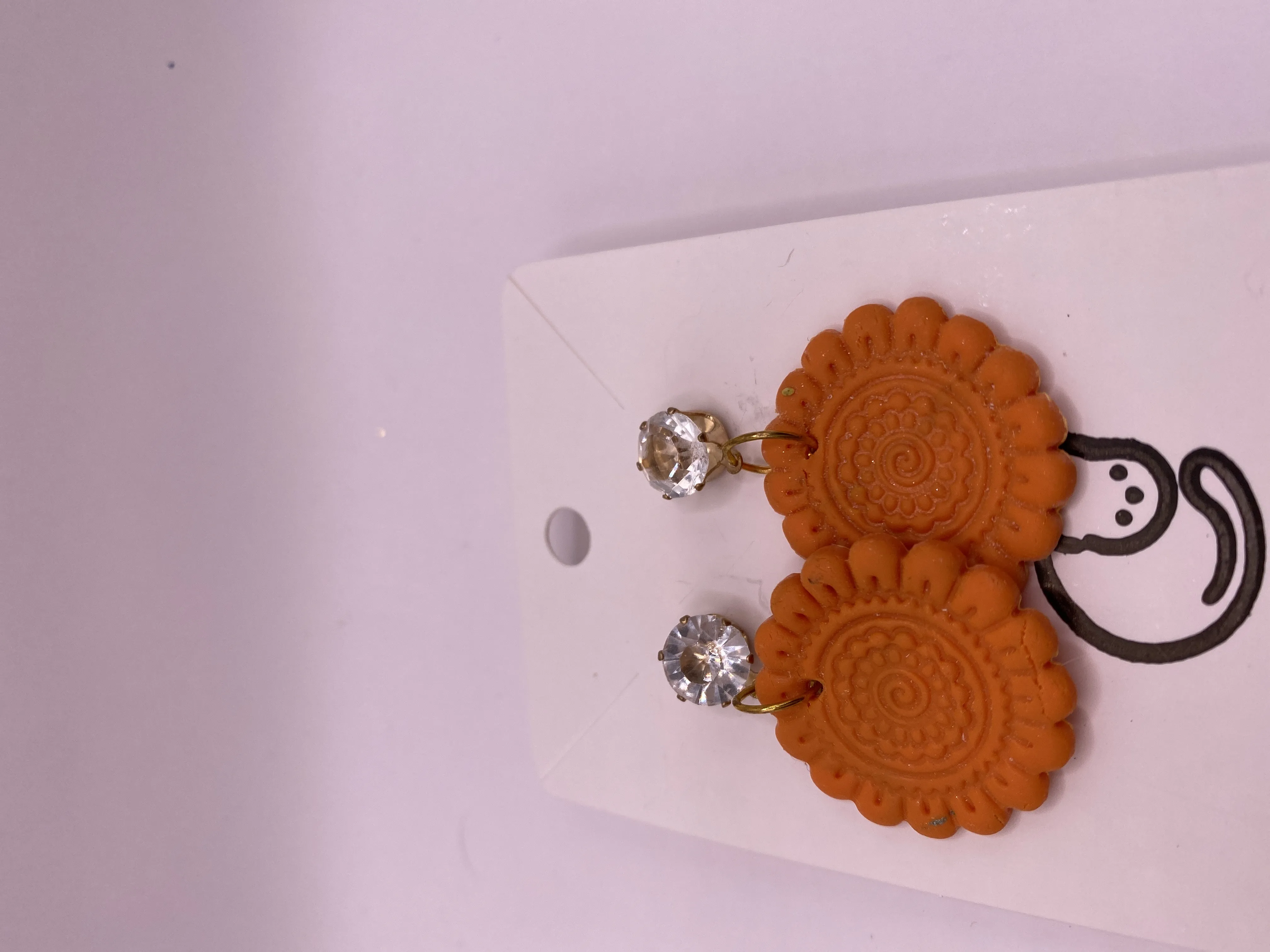 Orange Polymer Clay Flower Patterned Crystal Stone Earrings - Handmade Stylish Design