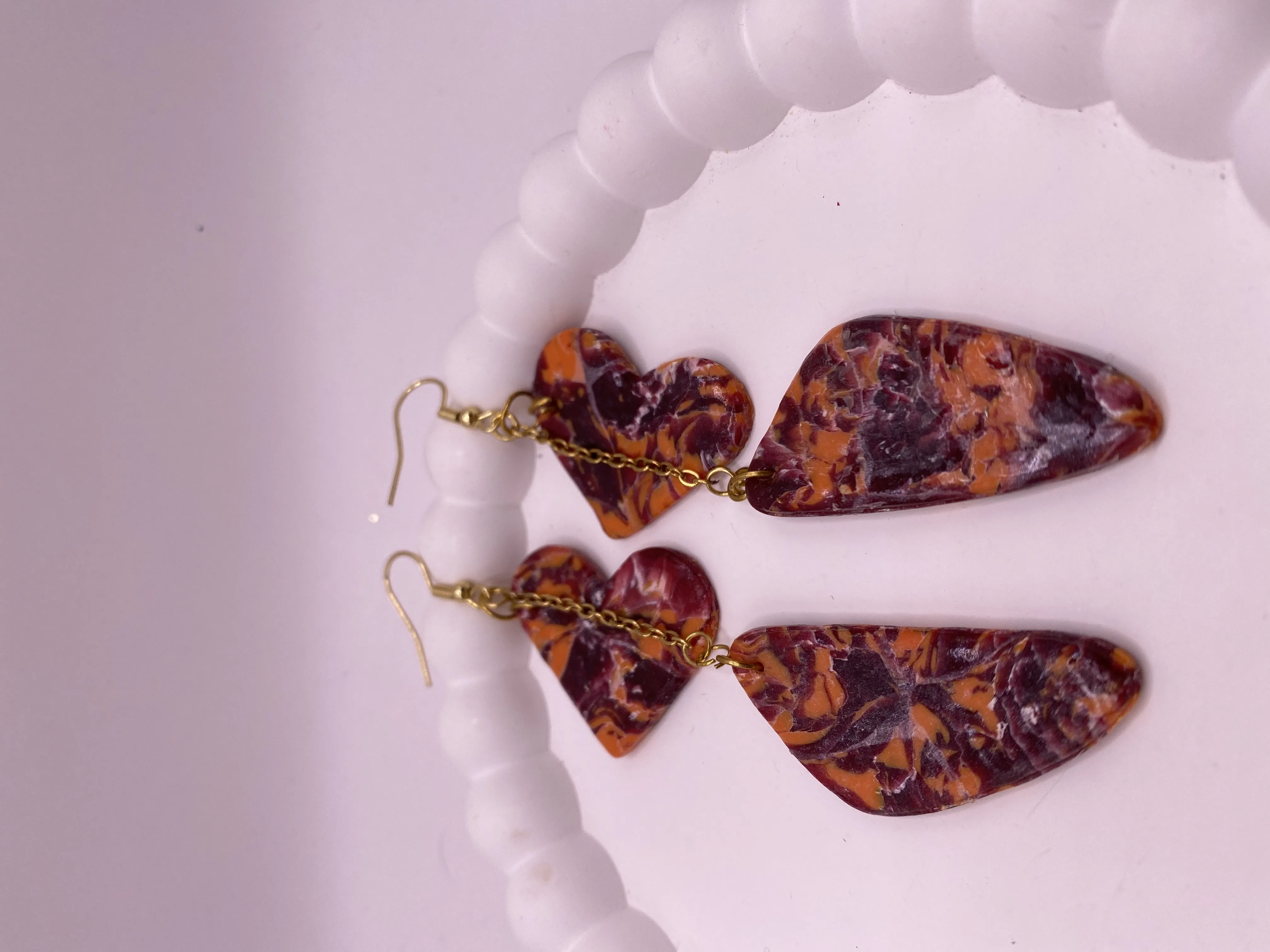 Burgundy and Orange Marble Patterned Heart and Leaf Earrings - Gold Detailed