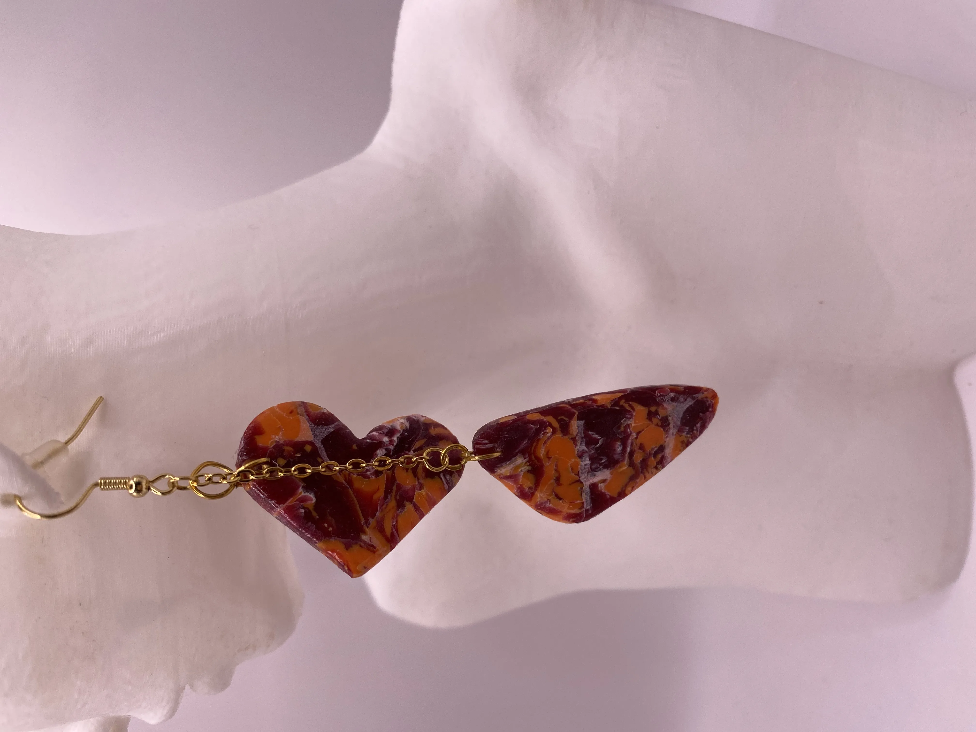 Burgundy and Orange Marble Patterned Heart and Leaf Earrings - Gold Detailed