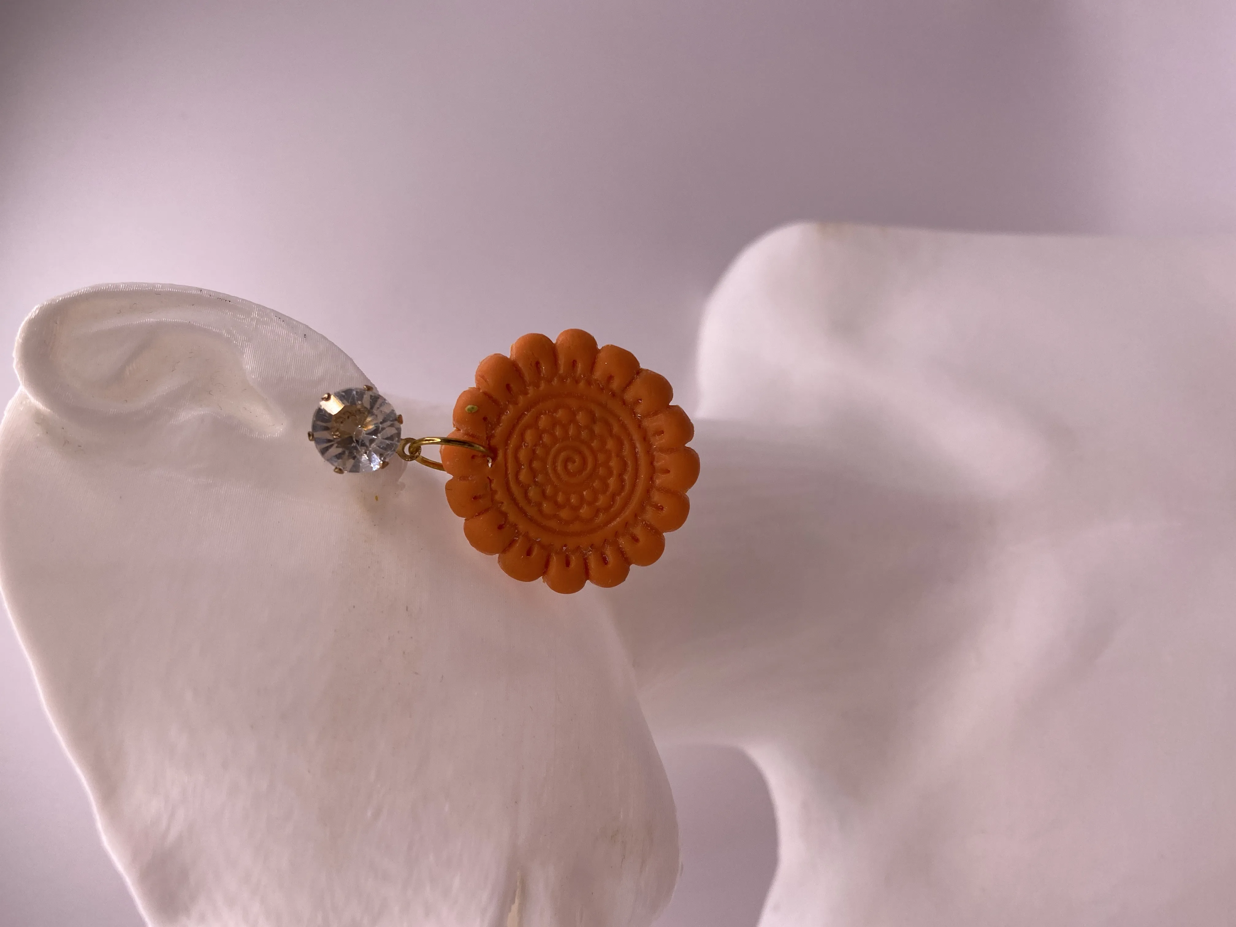 Orange Polymer Clay Flower Patterned Crystal Stone Earrings - Handmade Stylish Design