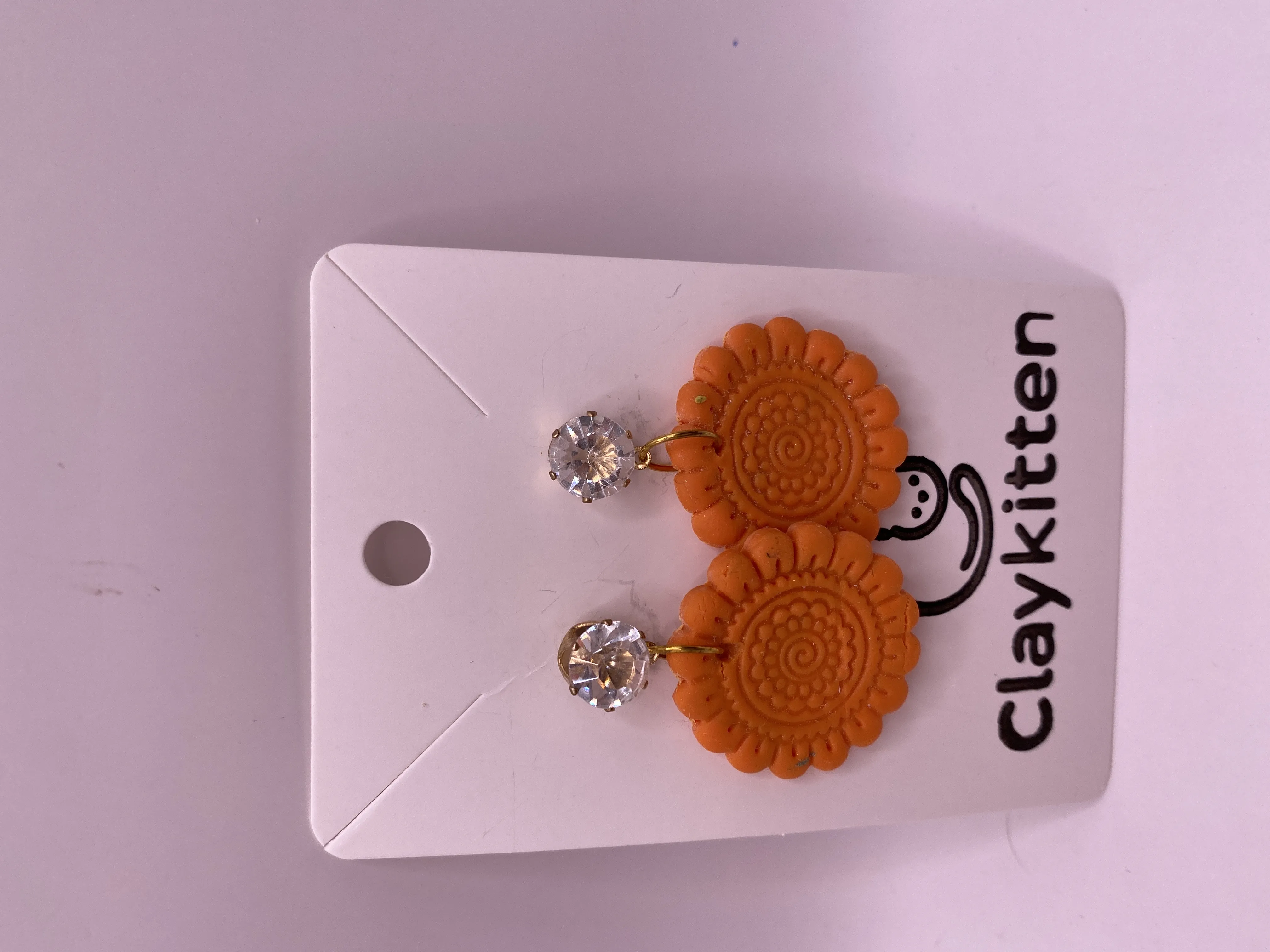 Orange Polymer Clay Flower Patterned Crystal Stone Earrings - Handmade Stylish Design