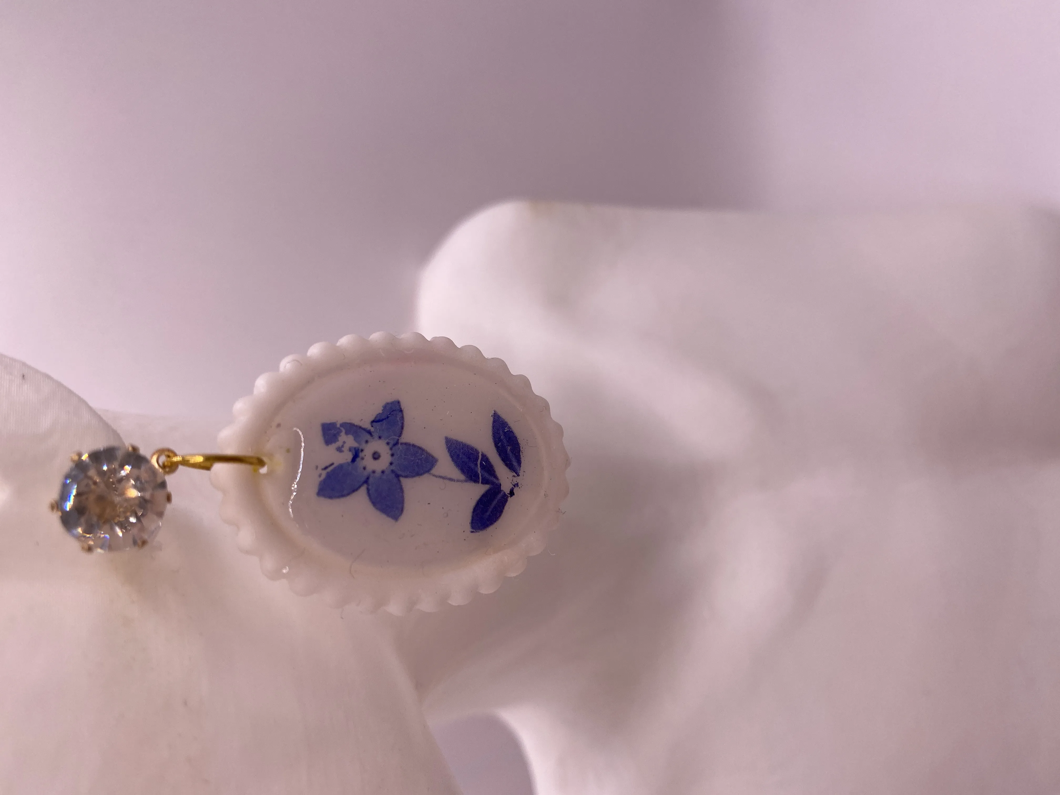 Handmade Blue Floral Patterned Oval Earrings - Stylish and Elegant Accessory