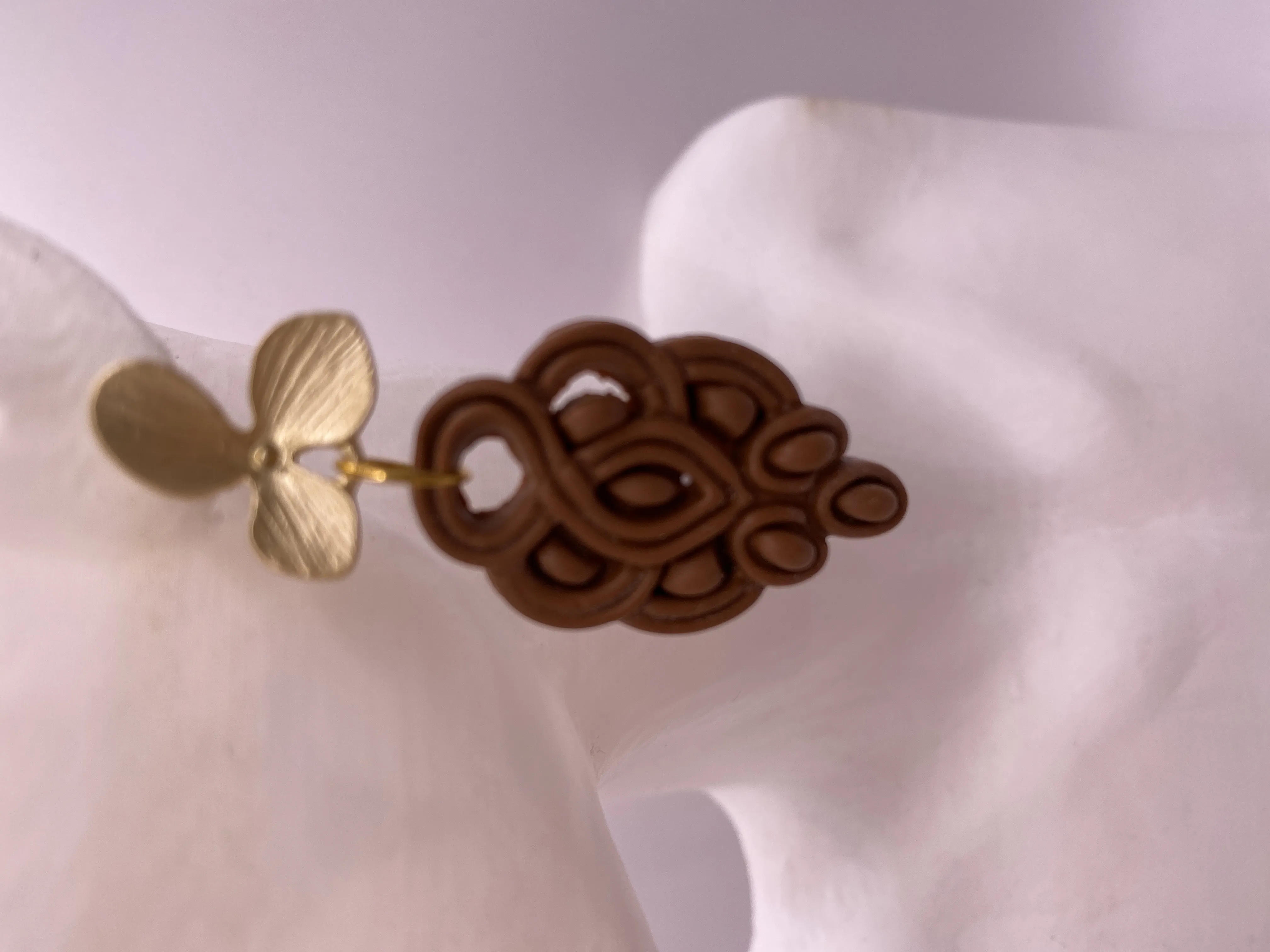 Brown Handmade Design Earring - Legend Model with Gold Colored Flower Detail