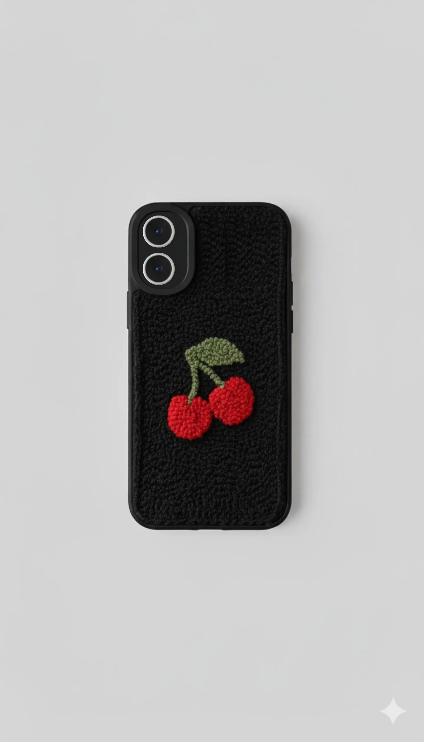 iPhone 16 Uyumlu Siyah El Yapımı Punch Nakışlı Kiraz Desenli Kılıf