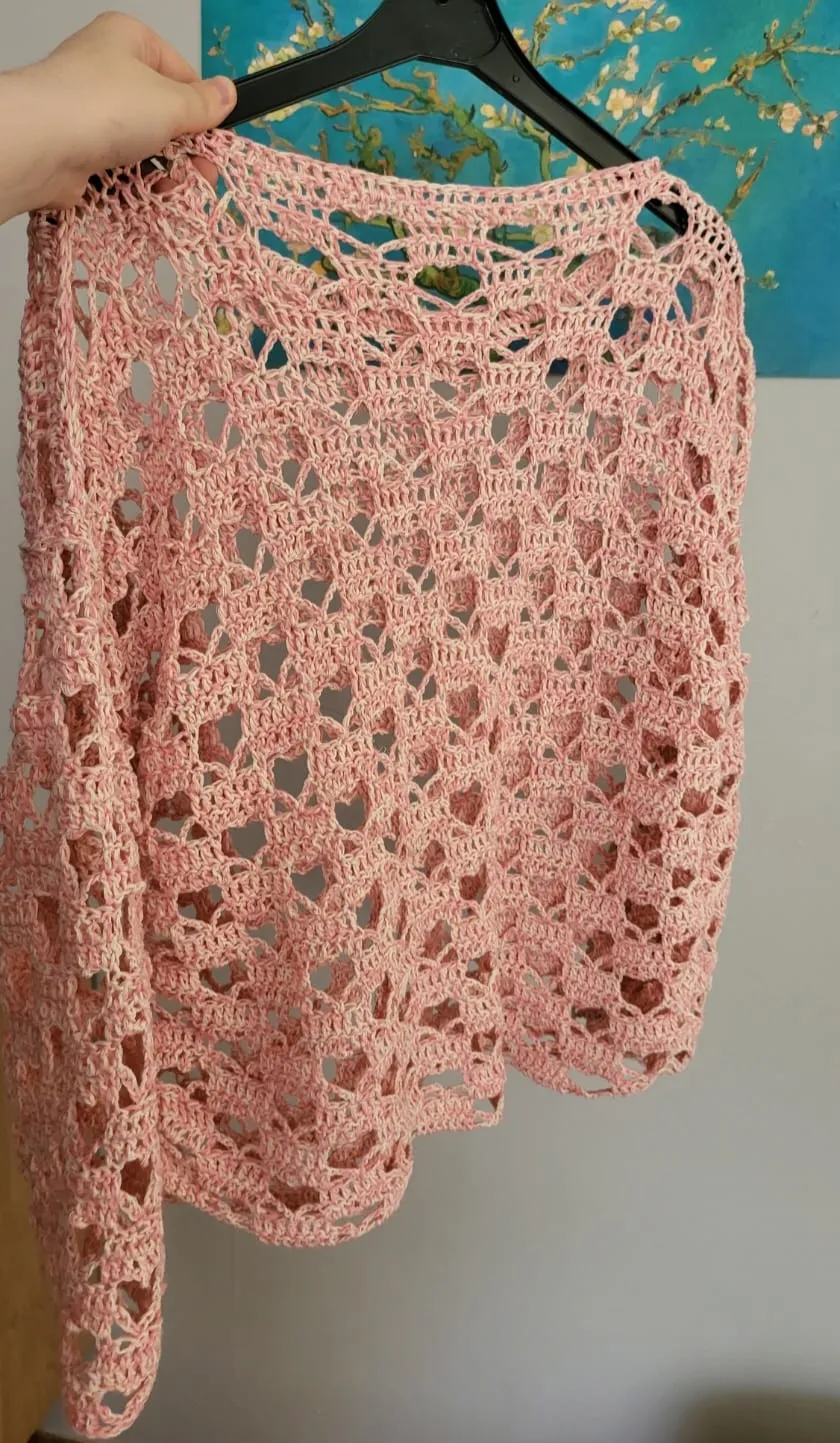 Pembe Kalp Desenli Tığ İşi İtalyan Merserize Baharlık Bluz - Ajurlu Örgü