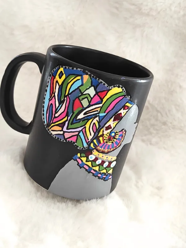 Handmade Black Ceramic Mug - Polymer Clay Colorful African Woman