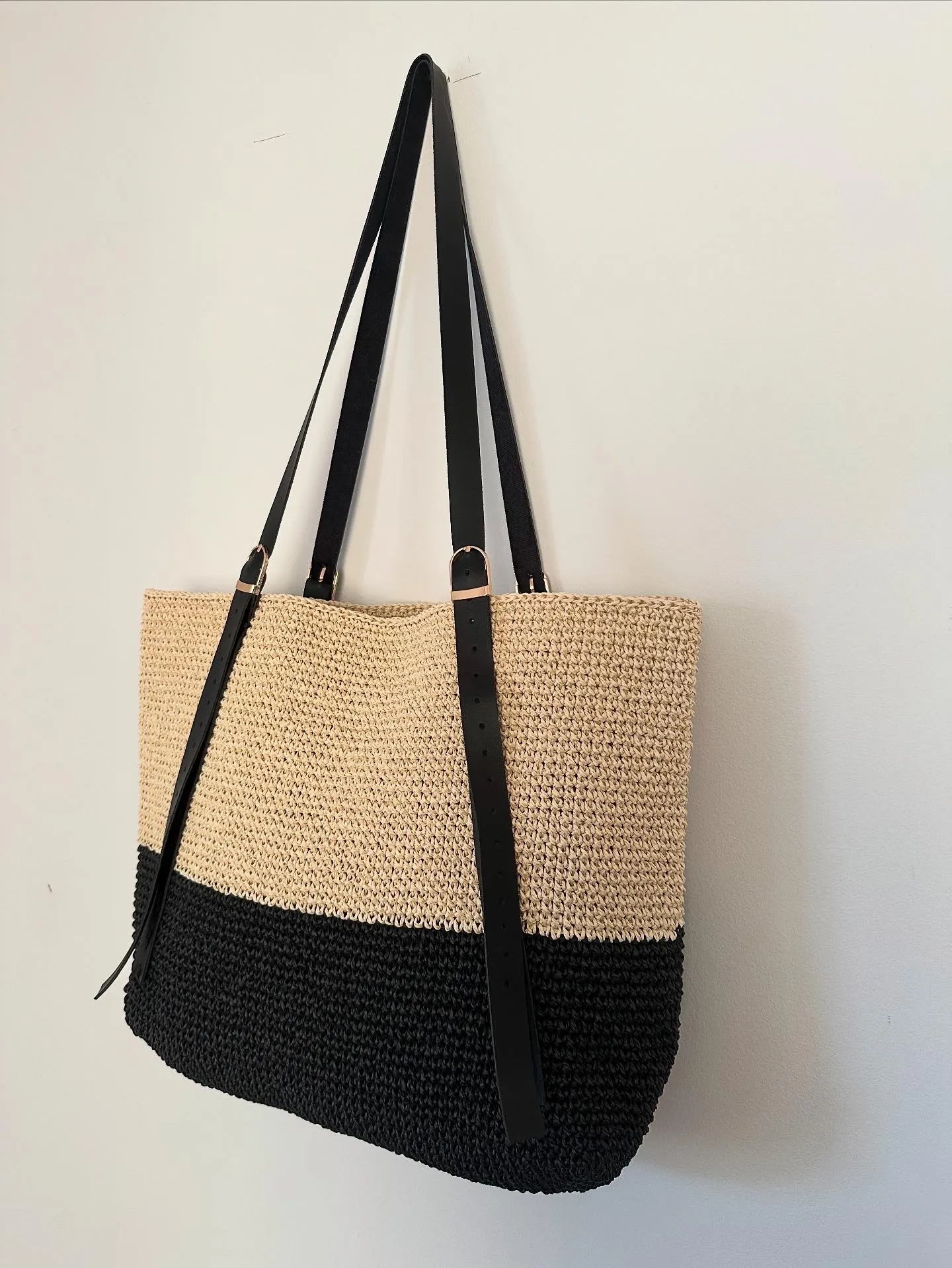 Paper Rope Knitted Shoulder Bag - Beige and Black Color Large Size