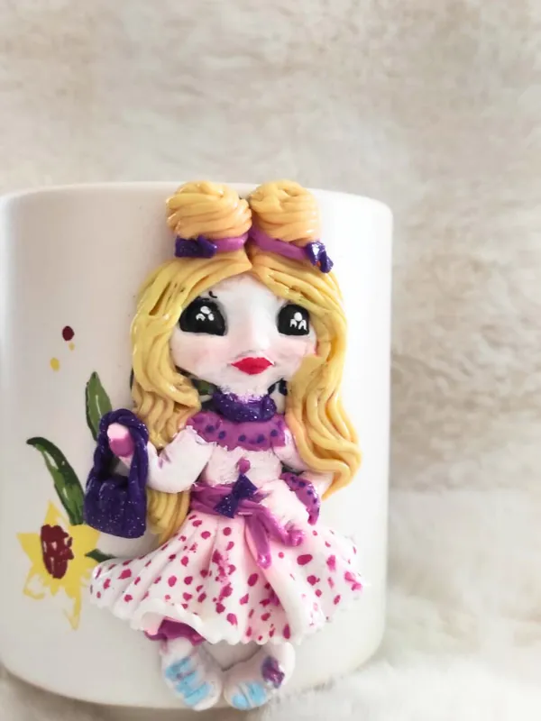 El Yapımı Polimer Kil Tasarım Kupa - Mini Kız Figürlü Hediye