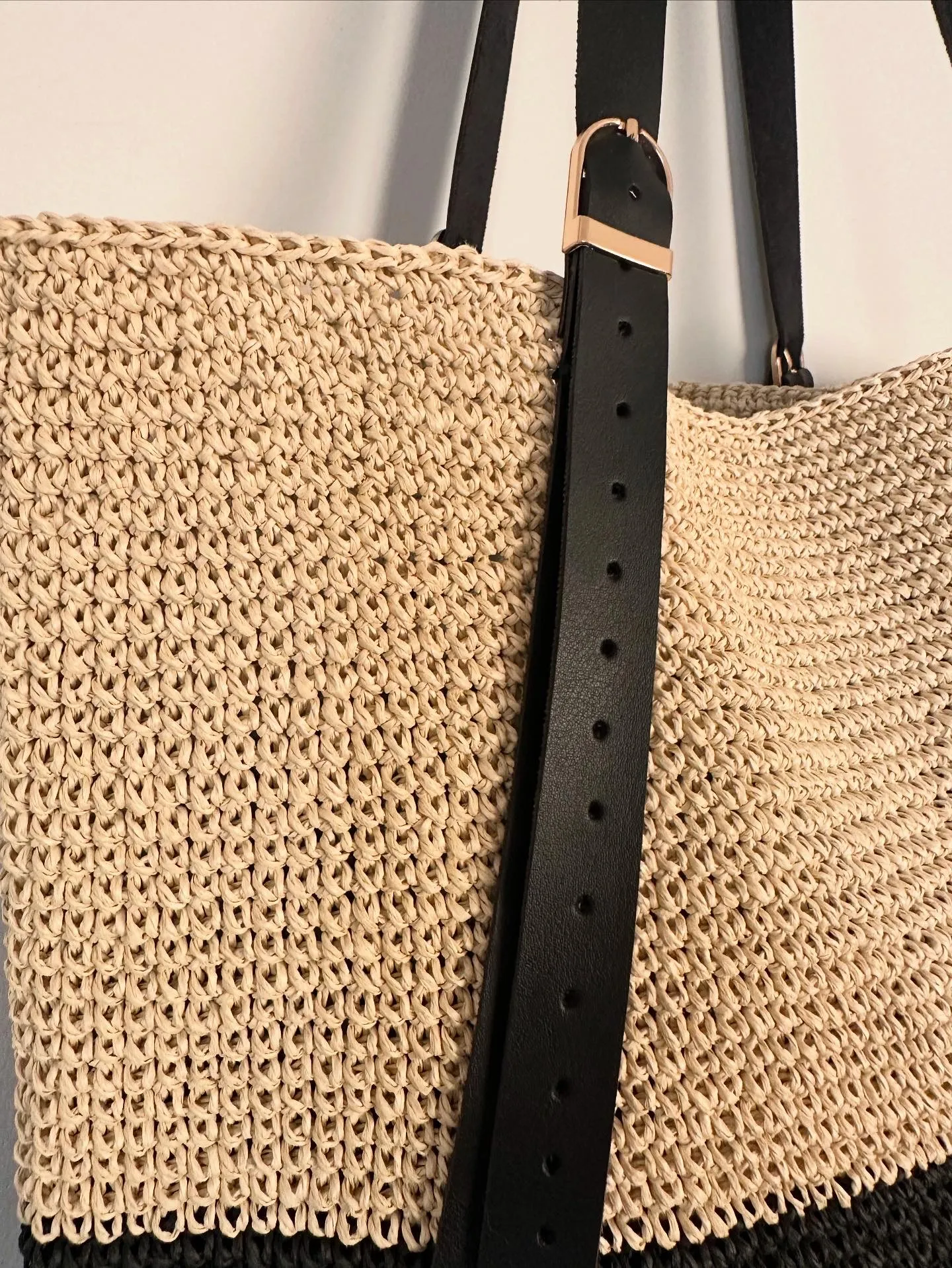 Paper Rope Knitted Shoulder Bag - Beige and Black Color Large Size