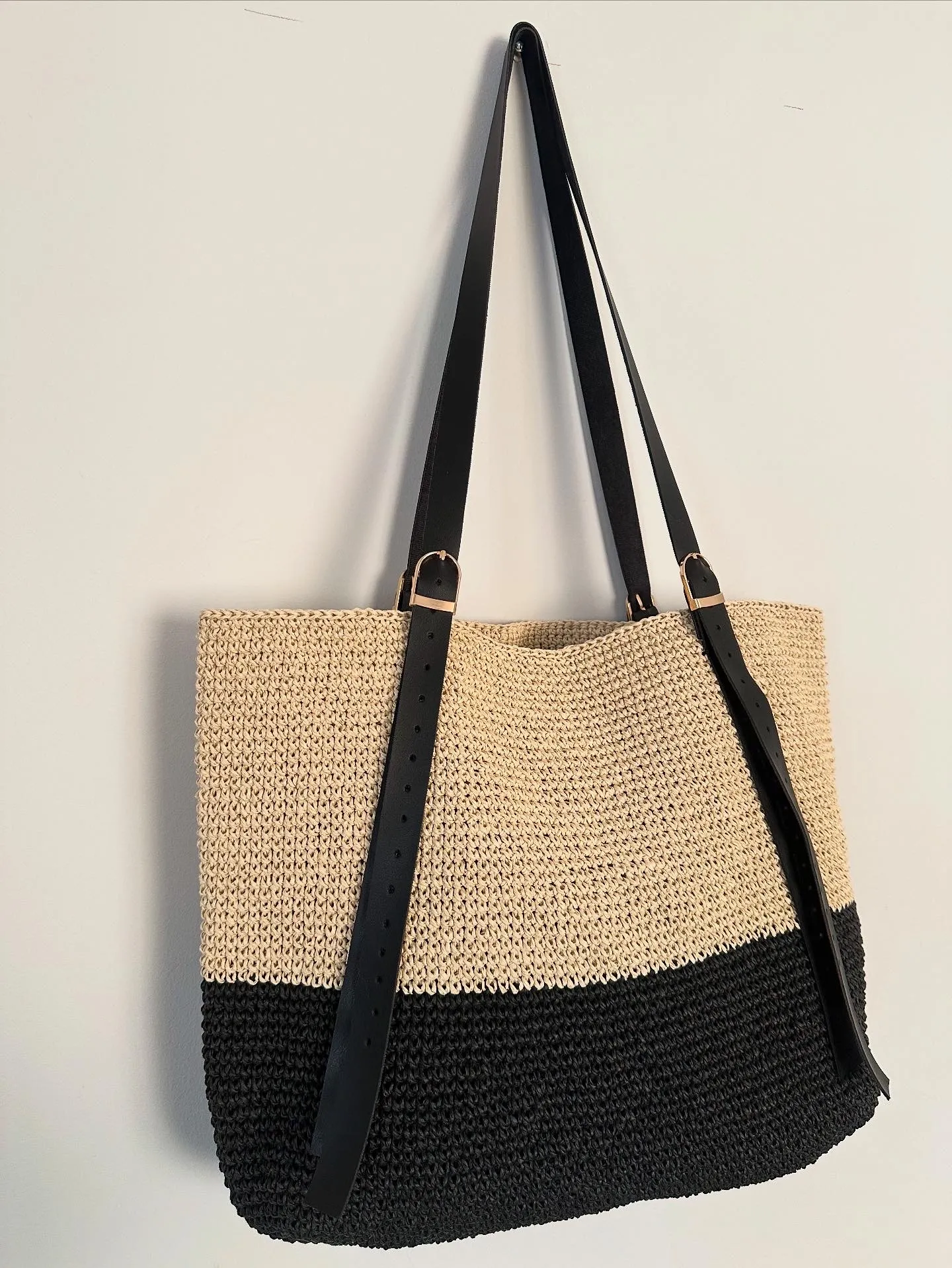 Paper Rope Knitted Shoulder Bag - Beige and Black Color Large Size