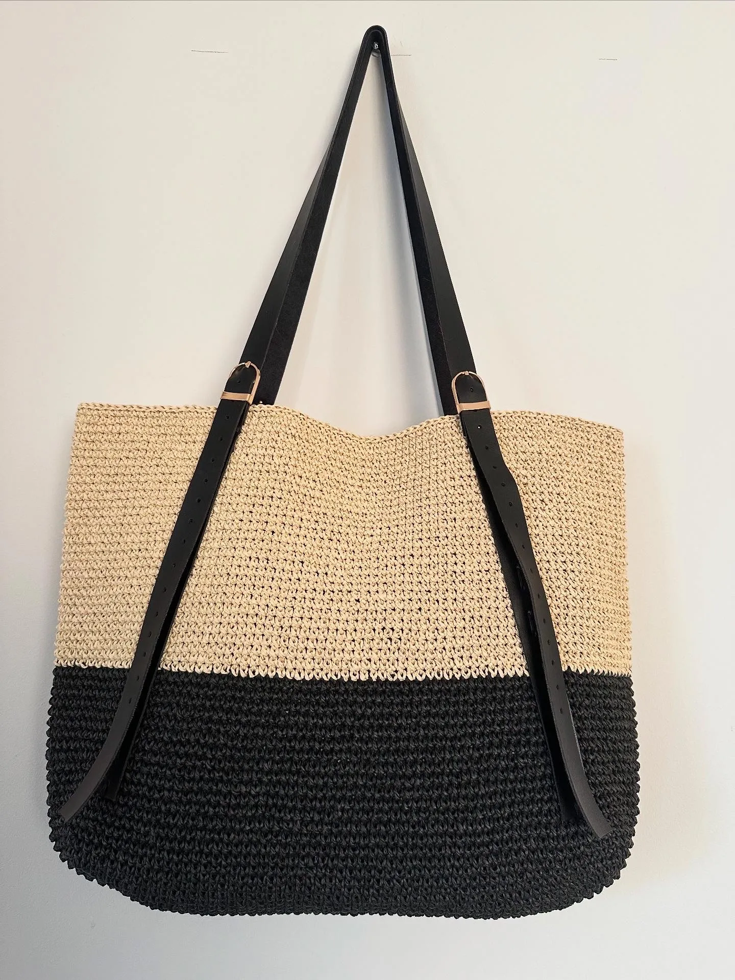Paper Rope Knitted Shoulder Bag - Beige and Black Color Large Size