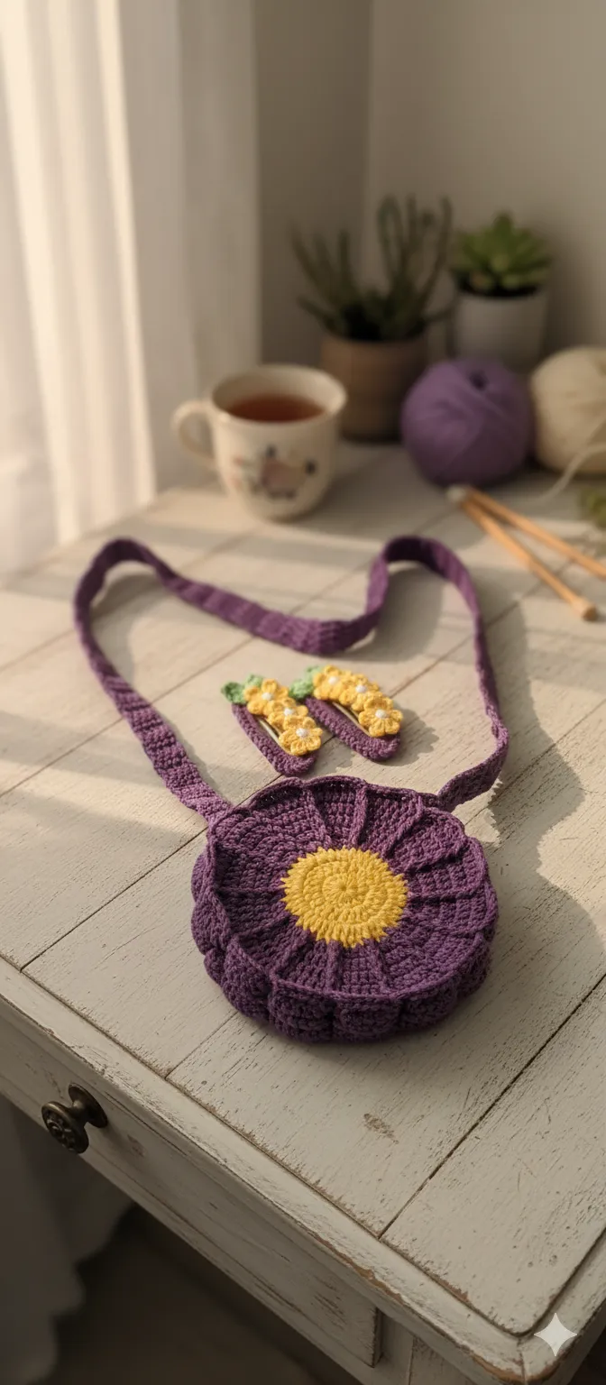 Mor ve Sarı Ayçiçeği Desenli El Örgüsü Amigurumi Çocuk Çantası ve Tokası