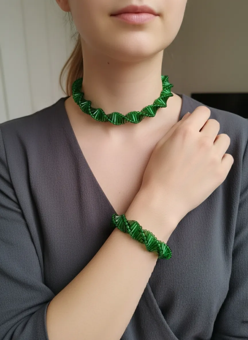 Yeşil Boncuklu Spiral Choker Kolye ve Bileklik Takı Seti