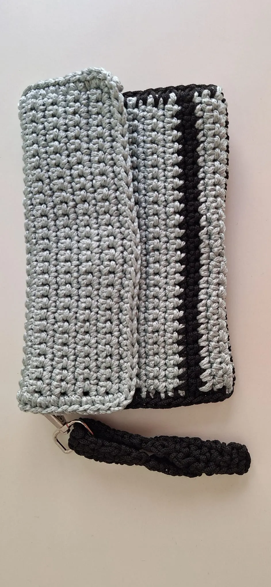 Hand Knitted Gray and Black Colored Polyester Yarn Wallet and Phone Bag