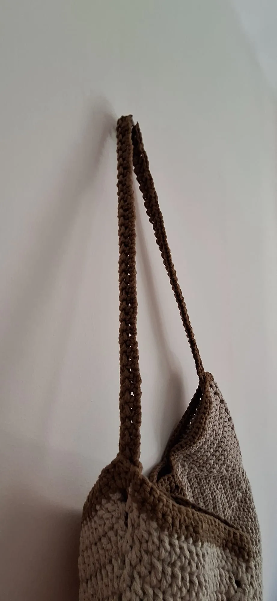 Hand Knitted Beige and Brown Cotton Yarn Lined Snap Shoulder Bag
