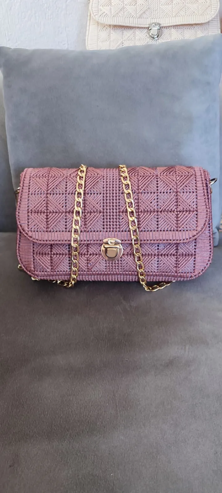 Hand Embroidered Pink Canvas Shoulder Bag - Chain Strap and Special Design