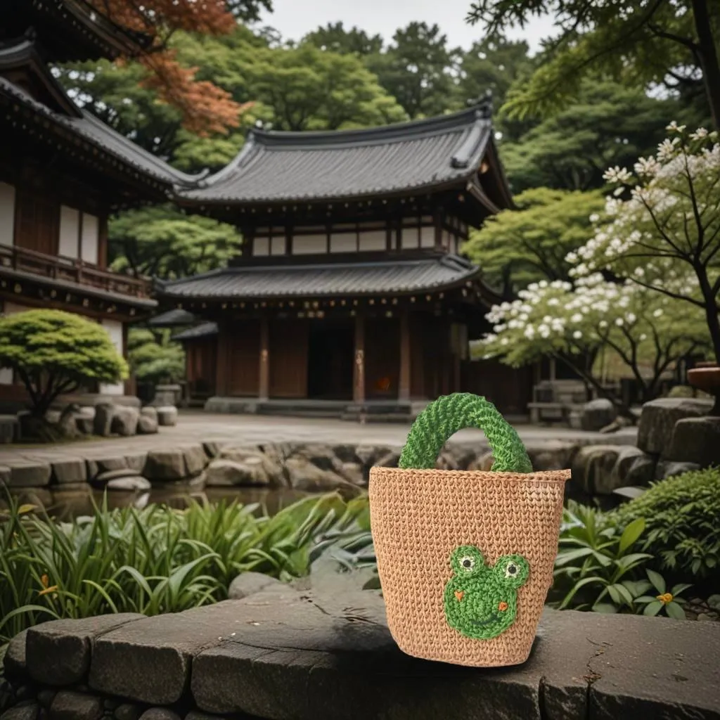 Green Frog Detailed Knitted Paper Rope Children's Bag - Handmade