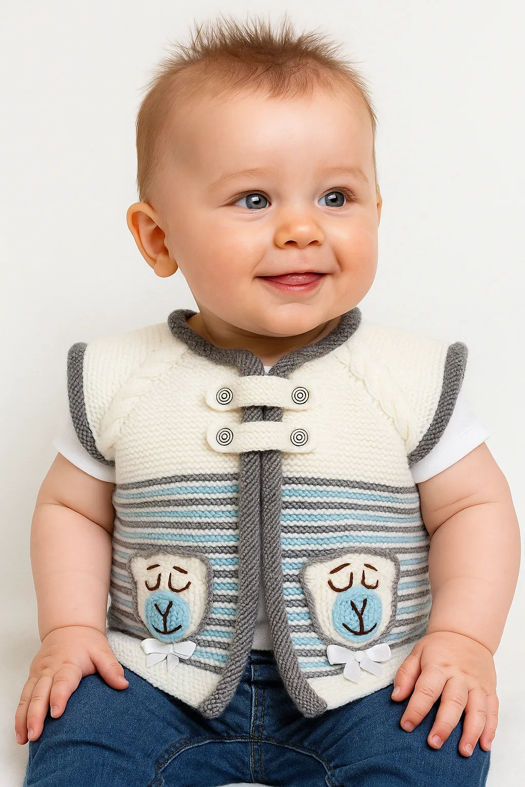 Krem Mavi Şeritli Ayıcık Desenli Bebek Yeleği