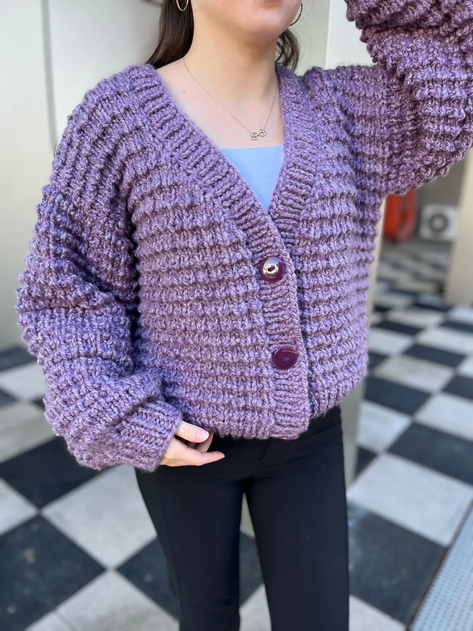Lila Hand Knitted Wool Cardigan - Oversized, Buttoned, Suitable for S/M/L Sizes