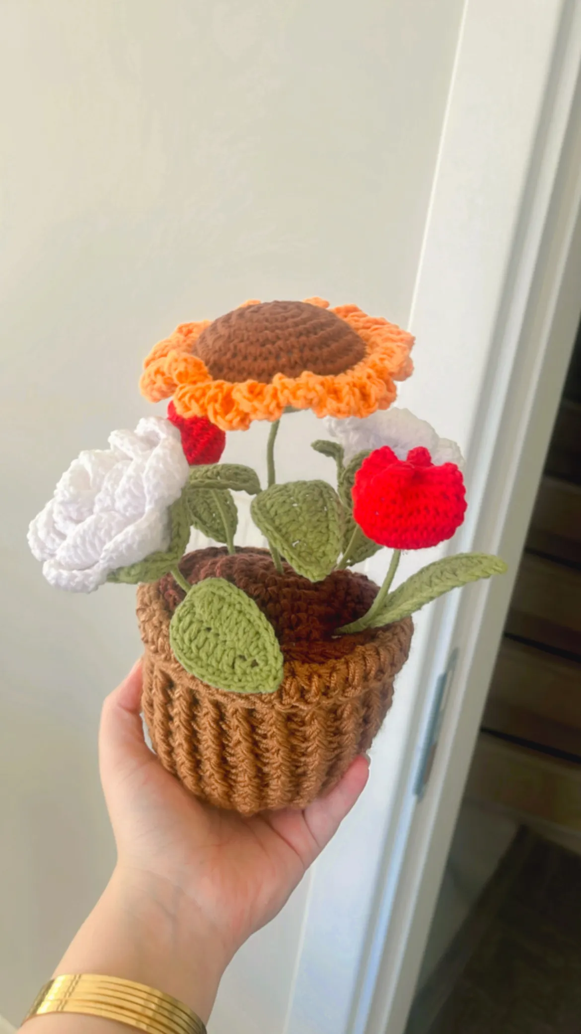Cotton Yarn Knitted Sunflower Tulip Rose Bouquet Pot - Handmade