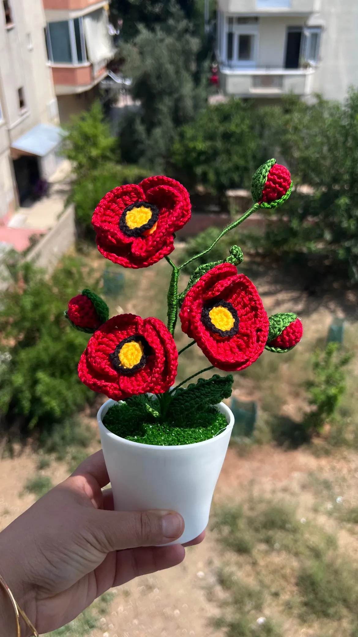 Knitted Poppy Flower in Pot Decorative Artificial Flower - Handmade