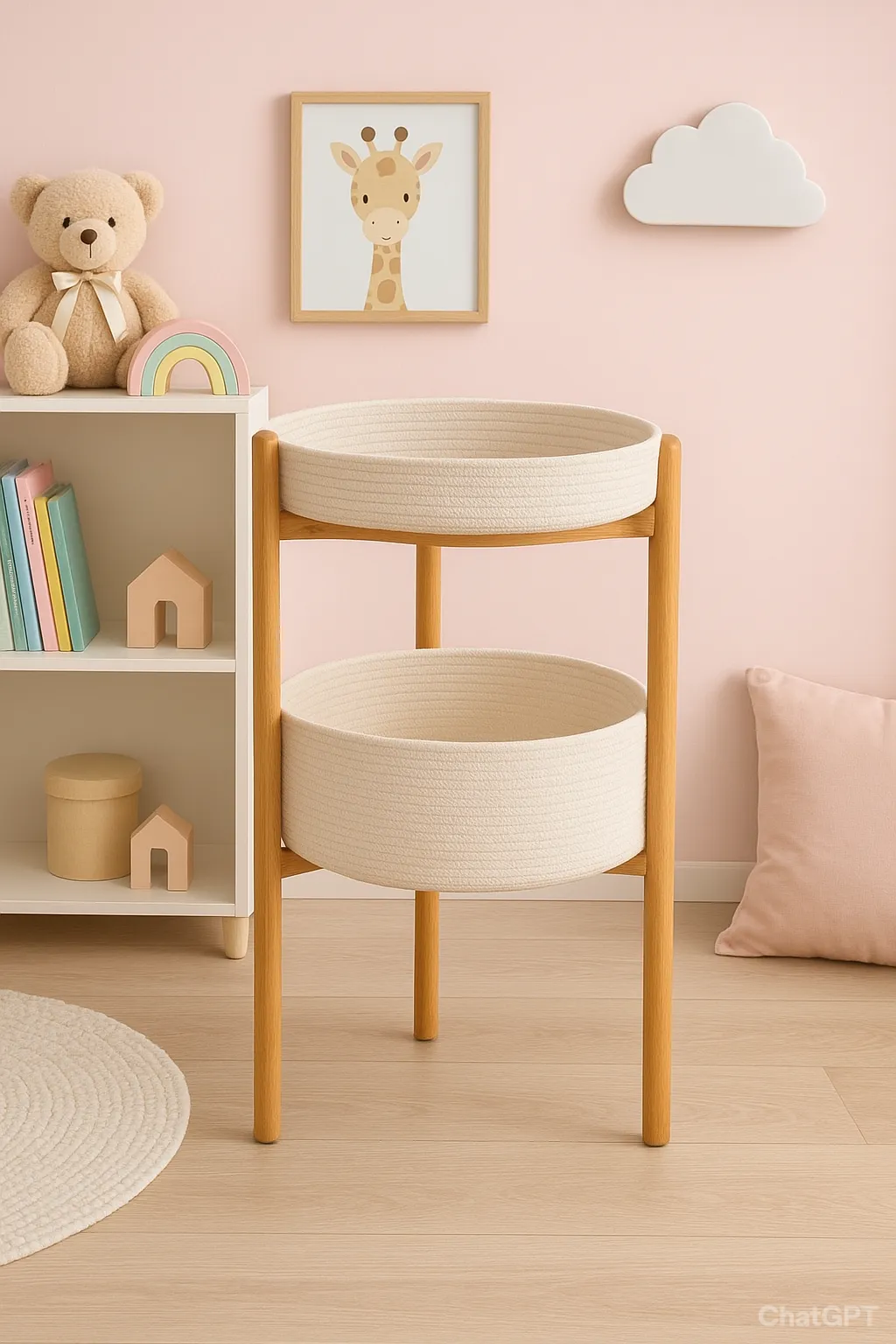 Ahşap Ayaklı İki Katlı Tress İp Sepet Standı - Organizer