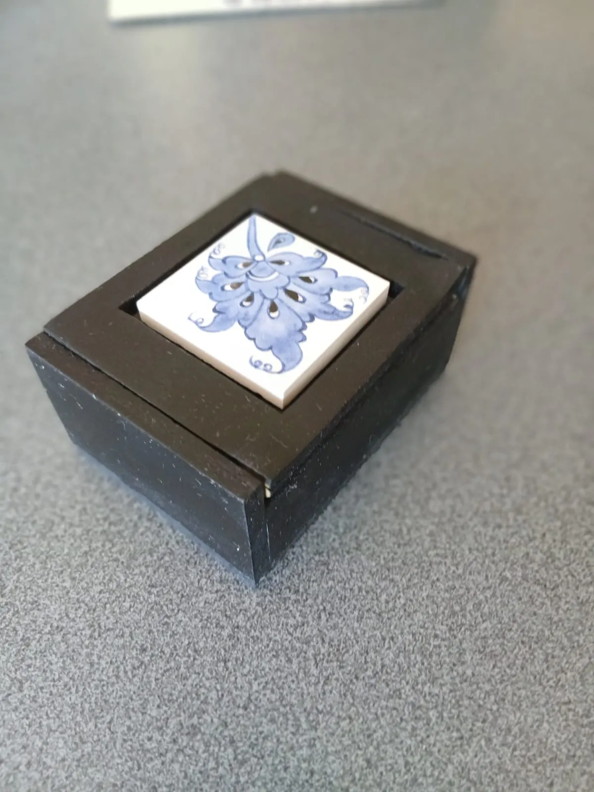 Black Wooden Framed Tiled Patterned Small Jewelry Box - Handmade