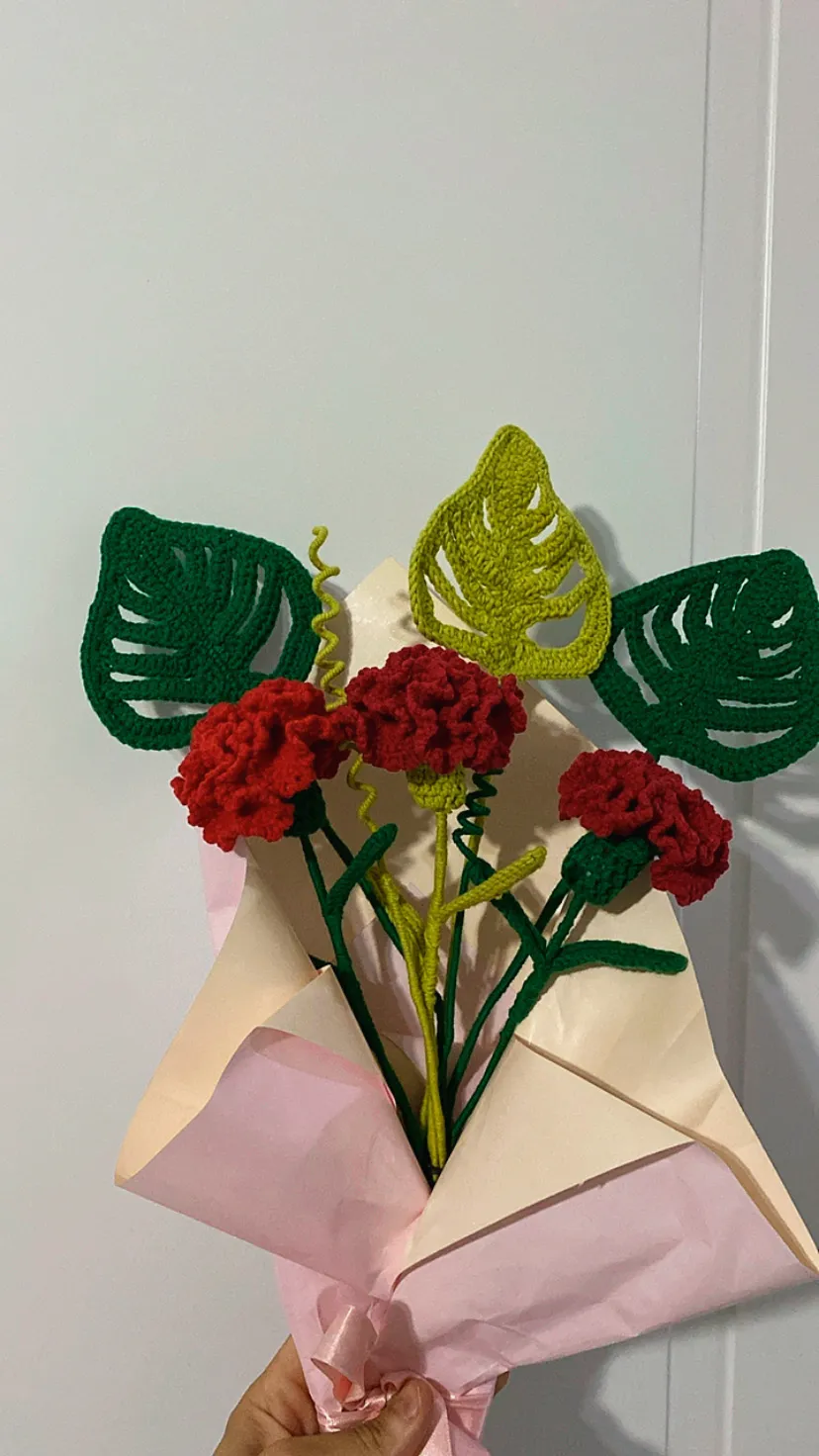 Red Carnation Bouquet - Crochet Knit Flower and Leaf Detailed