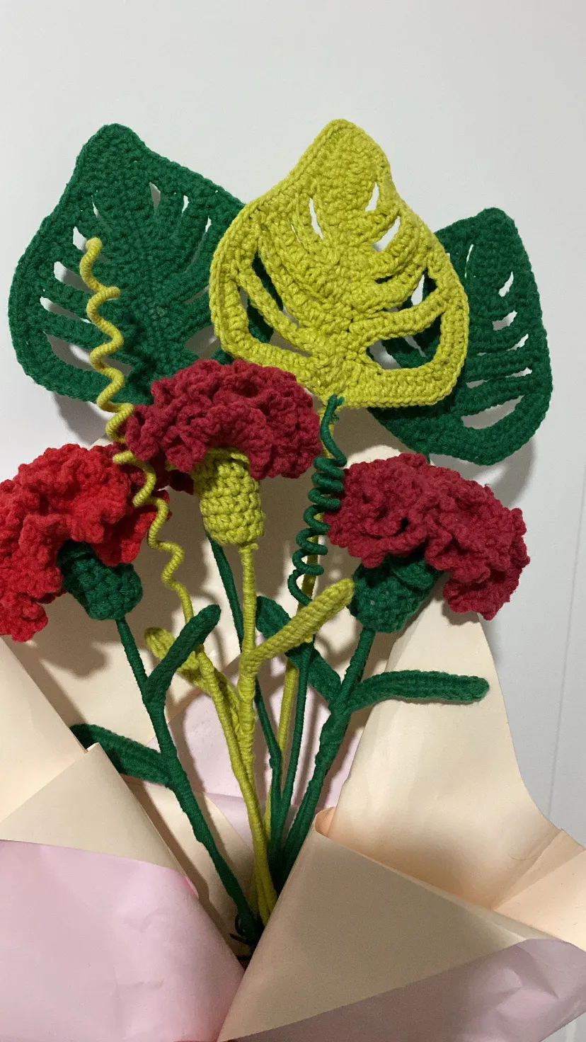 Red Carnation Bouquet - Crochet Knit Flower and Leaf Detailed