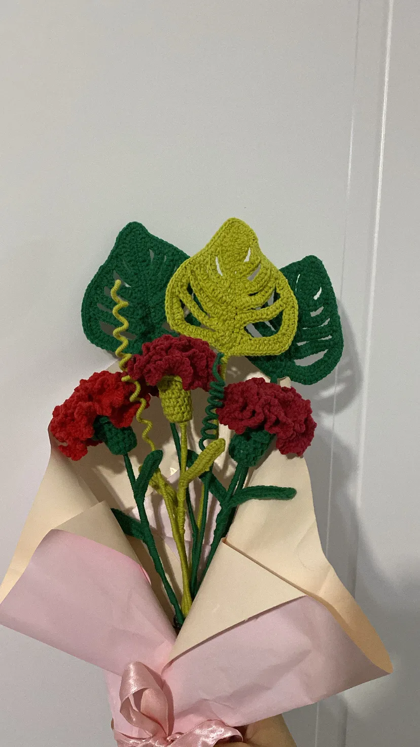Red Carnation Bouquet - Crochet Knit Flower and Leaf Detailed