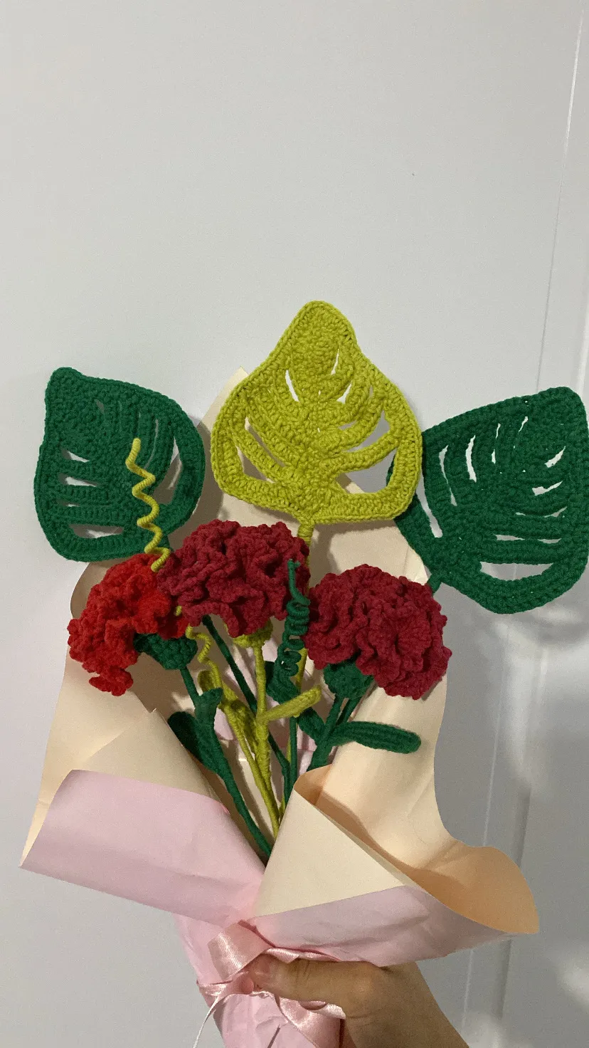 Red Carnation Bouquet - Crochet Knit Flower and Leaf Detailed