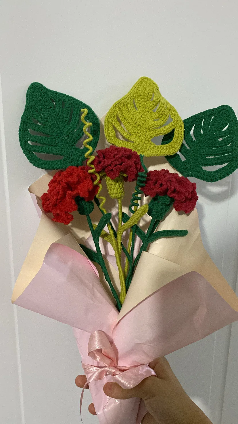 Red Carnation Bouquet - Crochet Knit Flower and Leaf Detailed