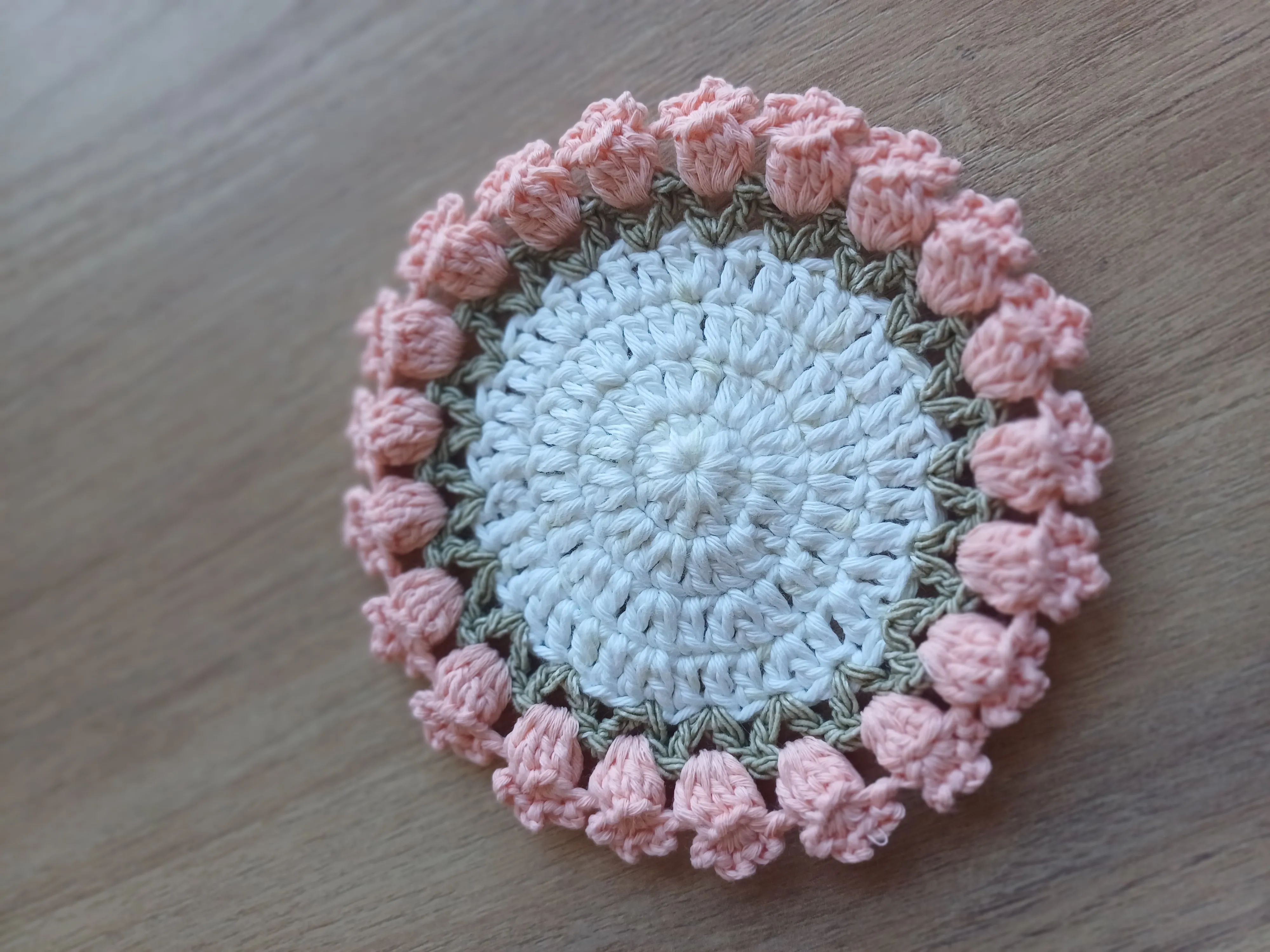 Woven White and Salmon Flower Coaster - Handmade